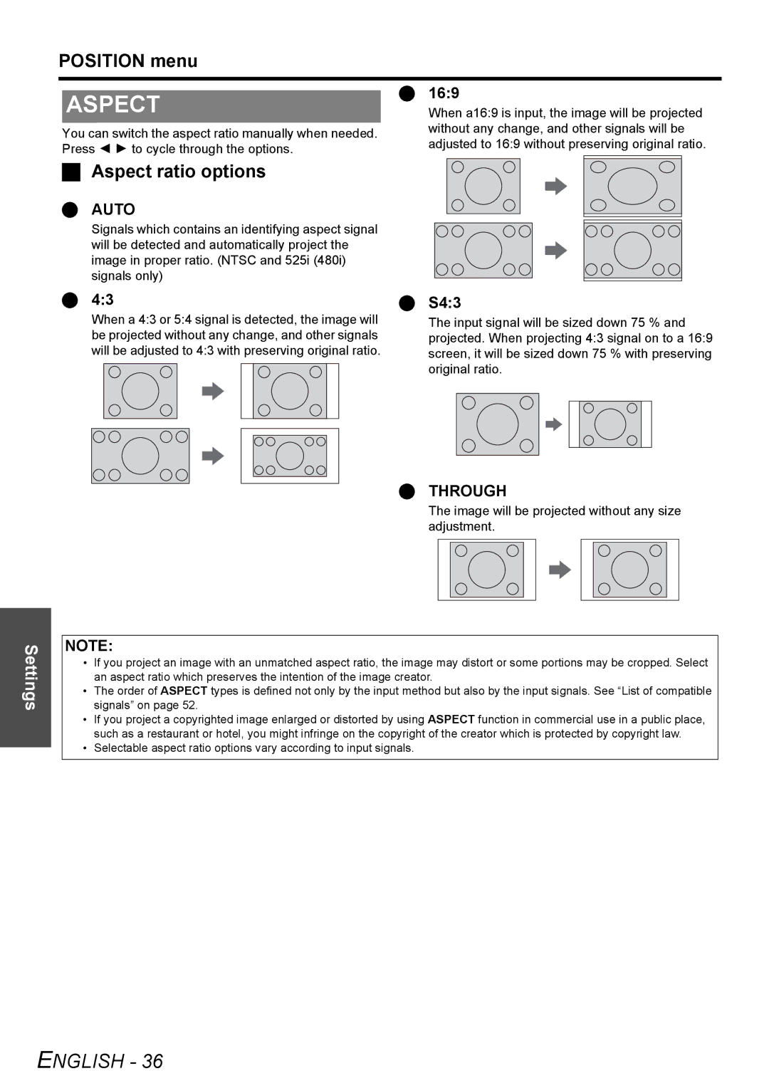 Panasonic PT-F300U, PT-F300NTU manual Position menu, Aspect ratio options, 169, S43 