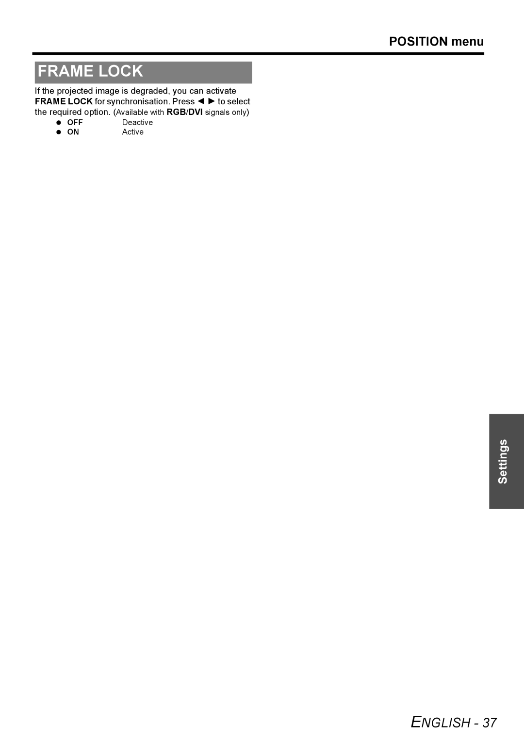 Panasonic PT-F300NTU, PT-F300U manual Frame Lock, Deactive 