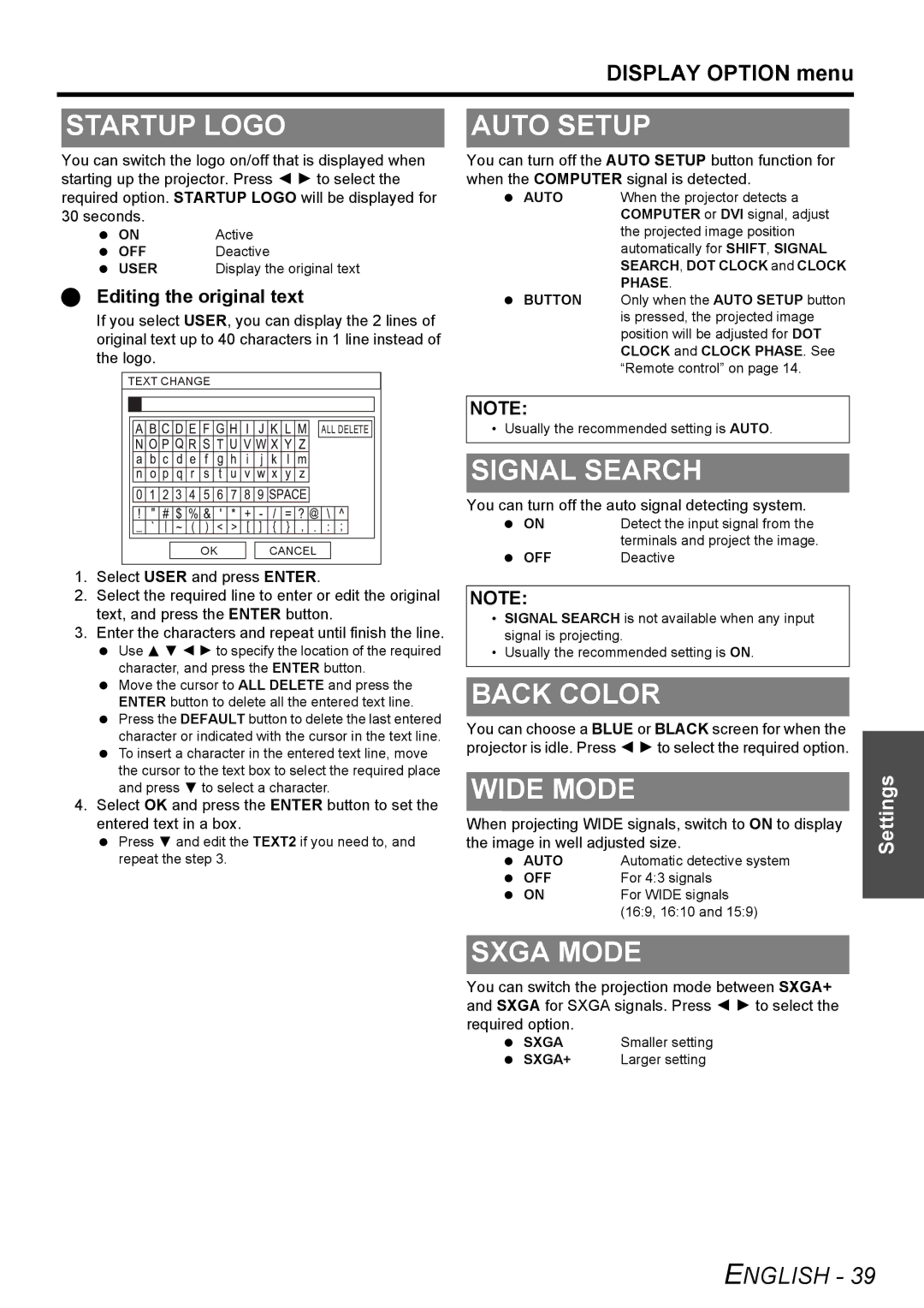 Panasonic PT-F300NTU, PT-F300U manual Startup Logo, Auto Setup, Signal Search, Back Color, Wide Mode, Sxga Mode 