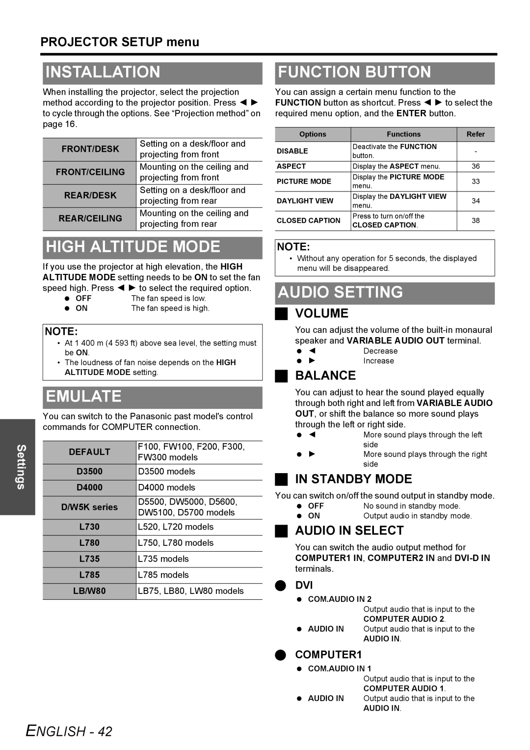 Panasonic PT-F300U, PT-F300NTU manual Installation, Function Button, High Altitude Mode, Emulate, Audio Setting 