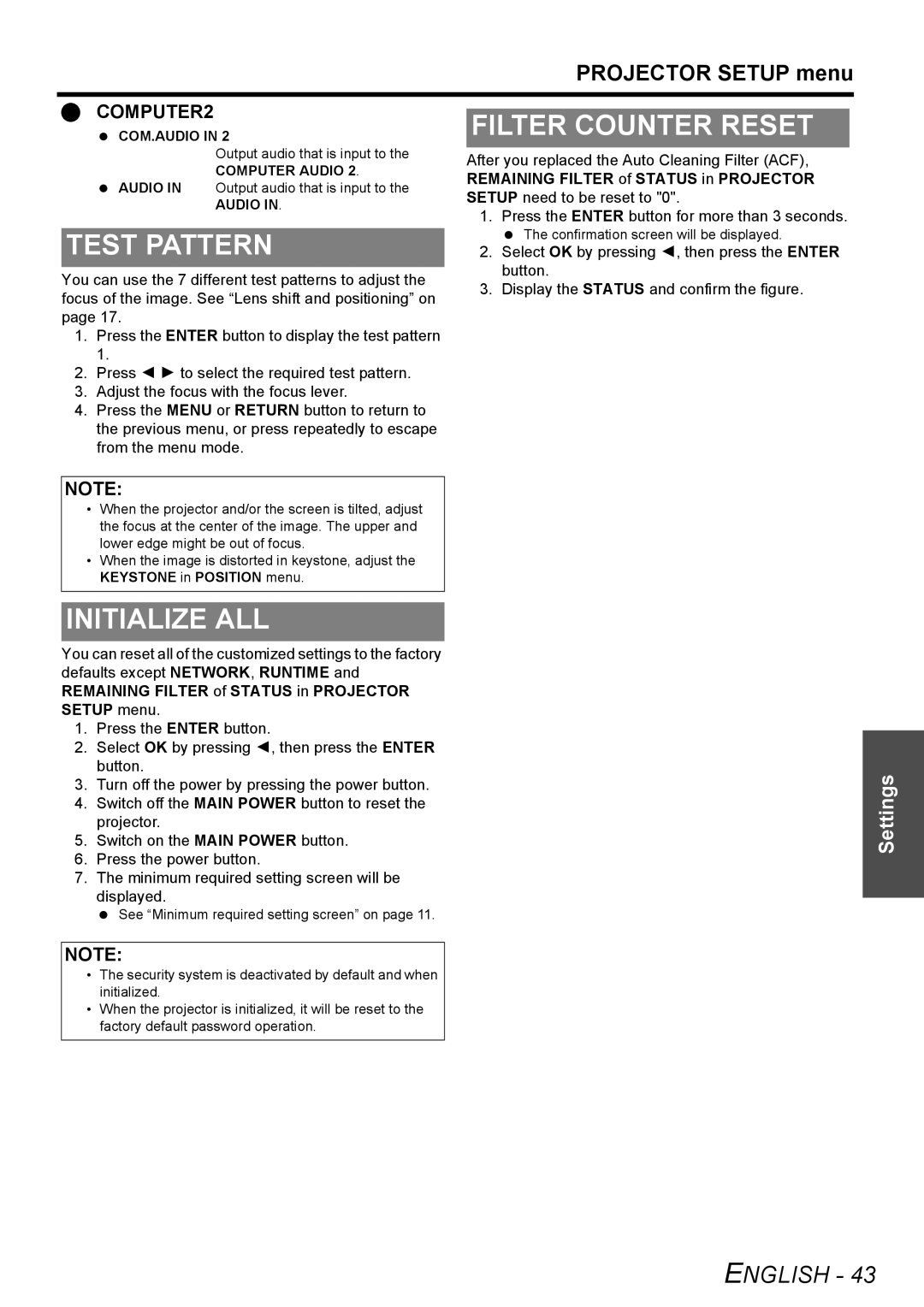 Panasonic PT-F300NTU, PT-F300U Filter Counter Reset, Test Pattern, Initialize ALL, Remaining Filter of Status in Projector 