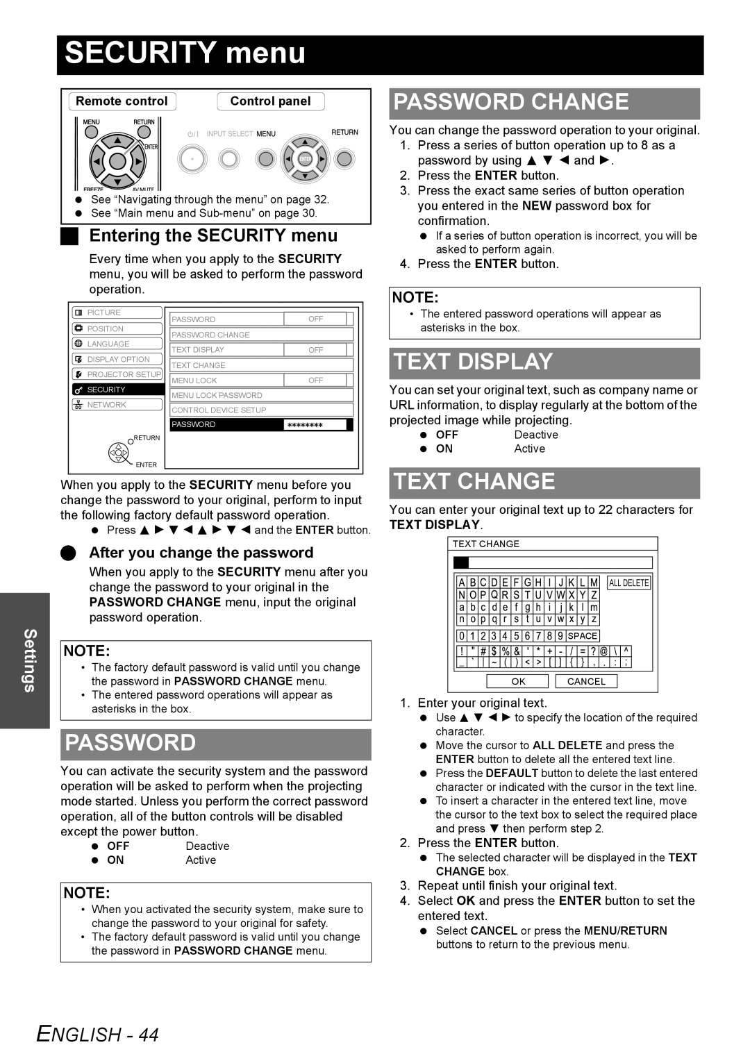 Panasonic PT-F300U, PT-F300NTU manual Security menu, Password Change, Text Display, Text Change 