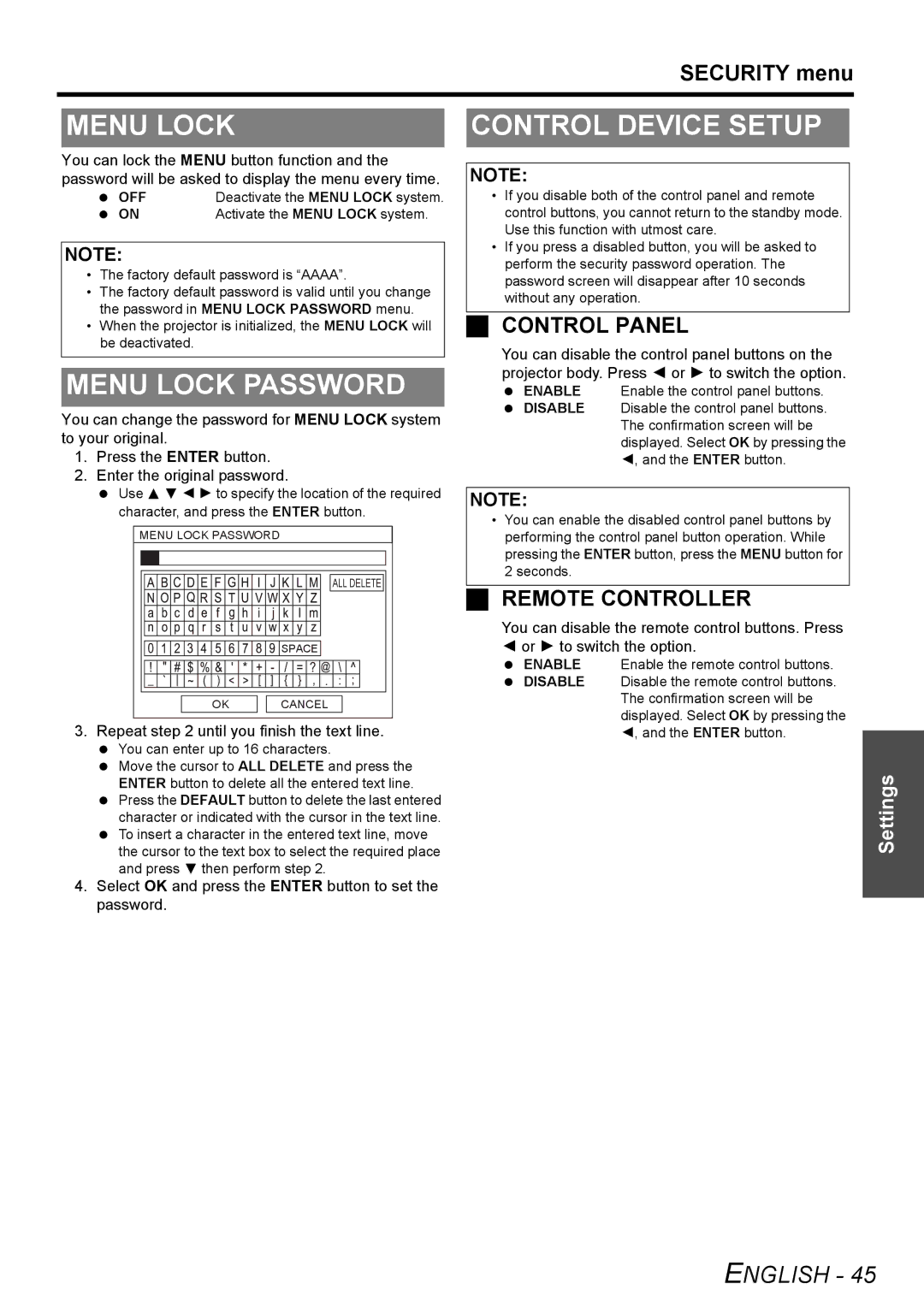 Panasonic PT-F300NTU, PT-F300U manual Menu Lock Password, Control Device Setup, Security menu 