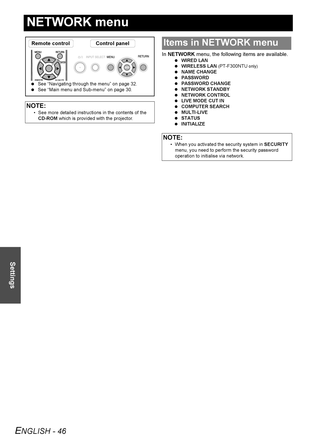 Panasonic PT-F300U Items in Network menu, Network menu, the following items are available, Wireless LAN PT-F300NTUonly 