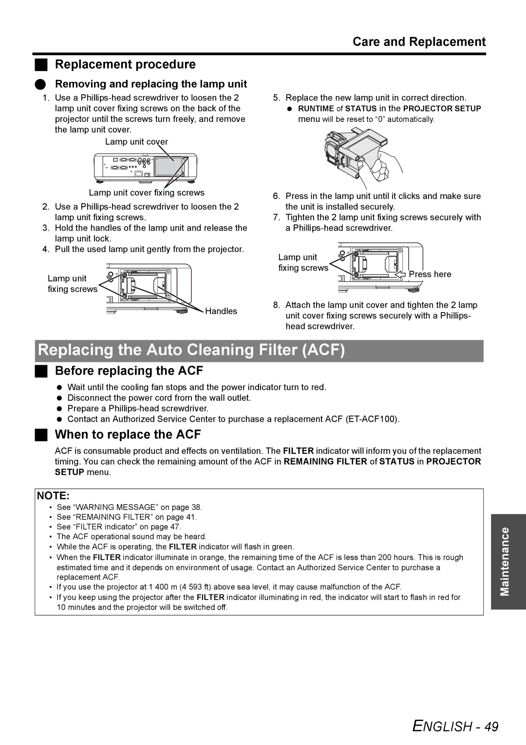 Panasonic PT-F300NTU, PT-F300U manual Replacing the Auto Cleaning Filter ACF, Care and Replacement Replacement procedure 