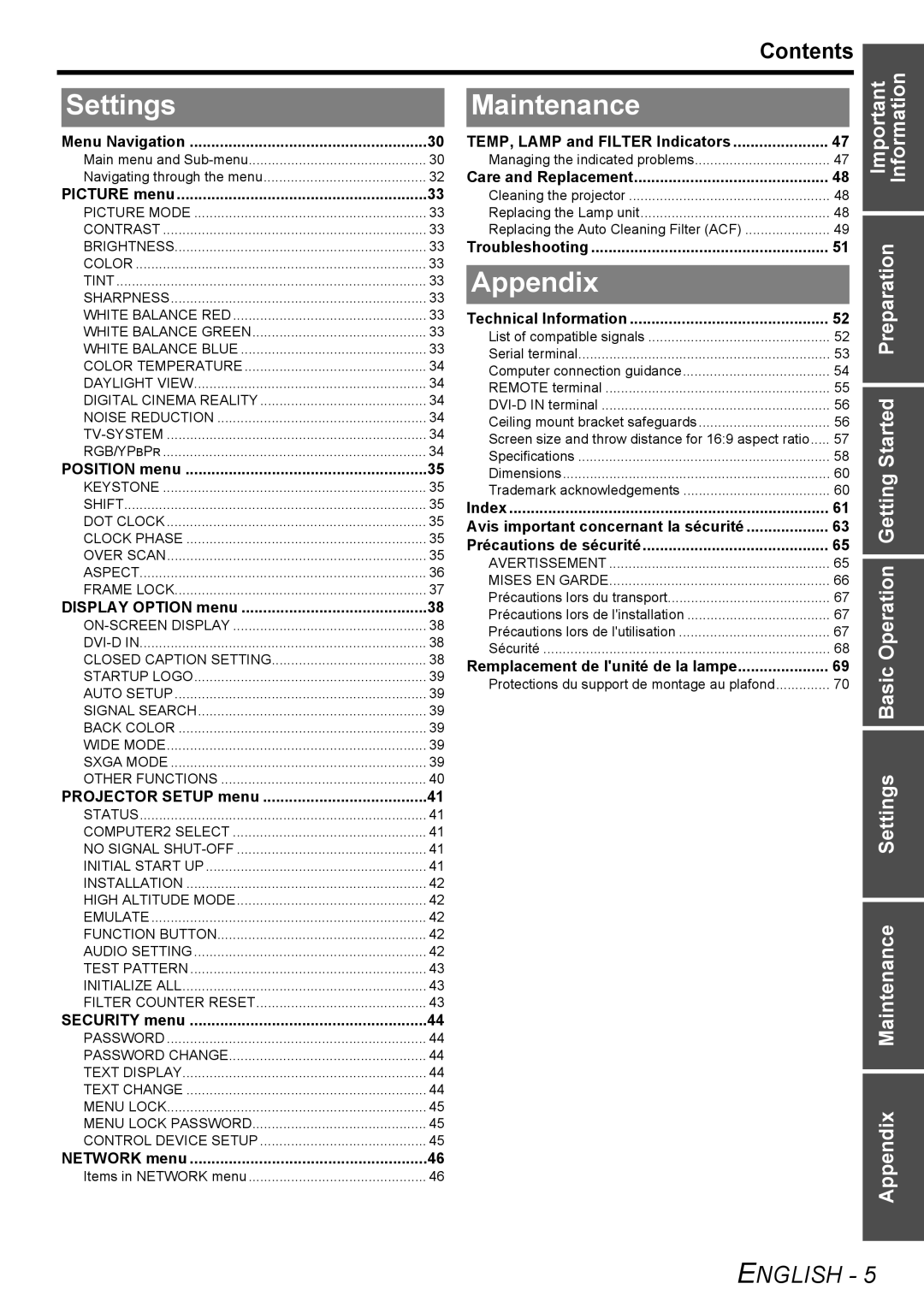 Panasonic PT-F300NTU, PT-F300U manual Settings, Maintenance, Appendix, Contents 