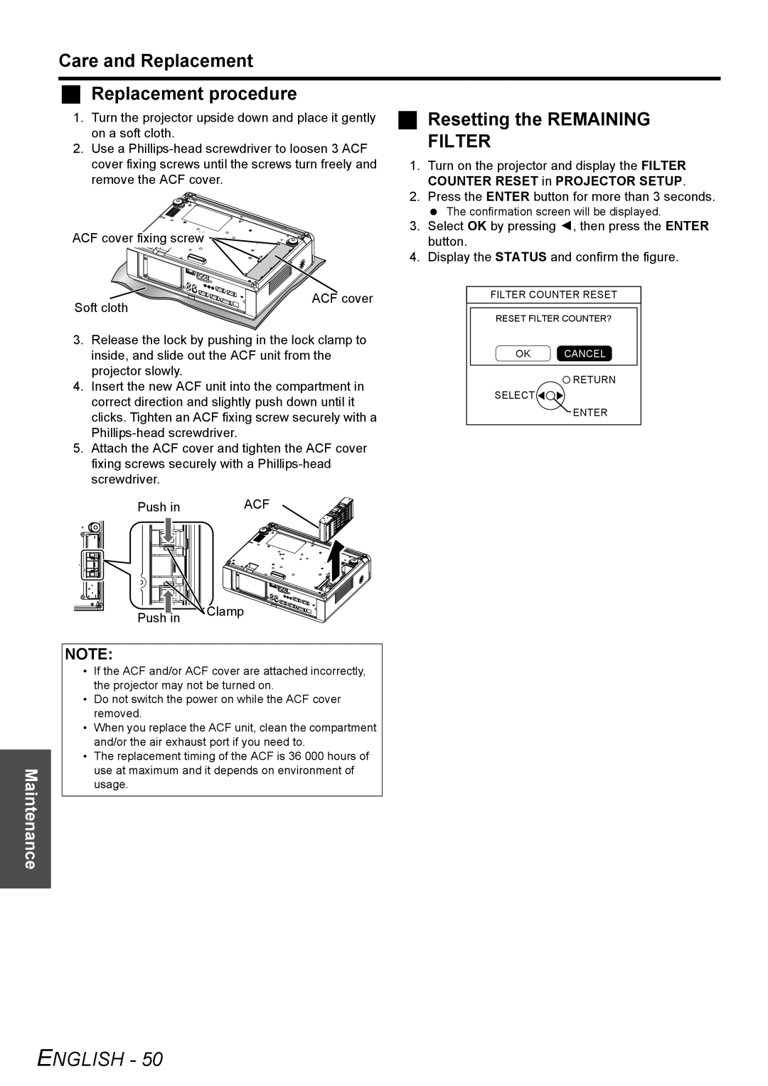 Panasonic PT-F300U manual Resetting the Remaining, Turn the projector upside down and place it gently, On a soft cloth 