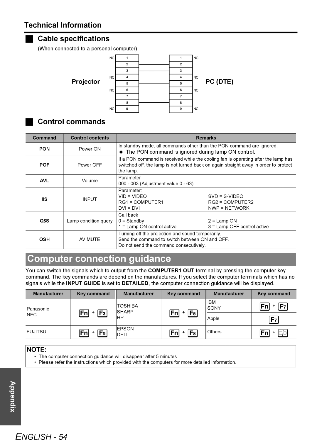 Panasonic PT-F300U Computer connection guidance, Technical Information Cable specifications, Control commands, Projector 