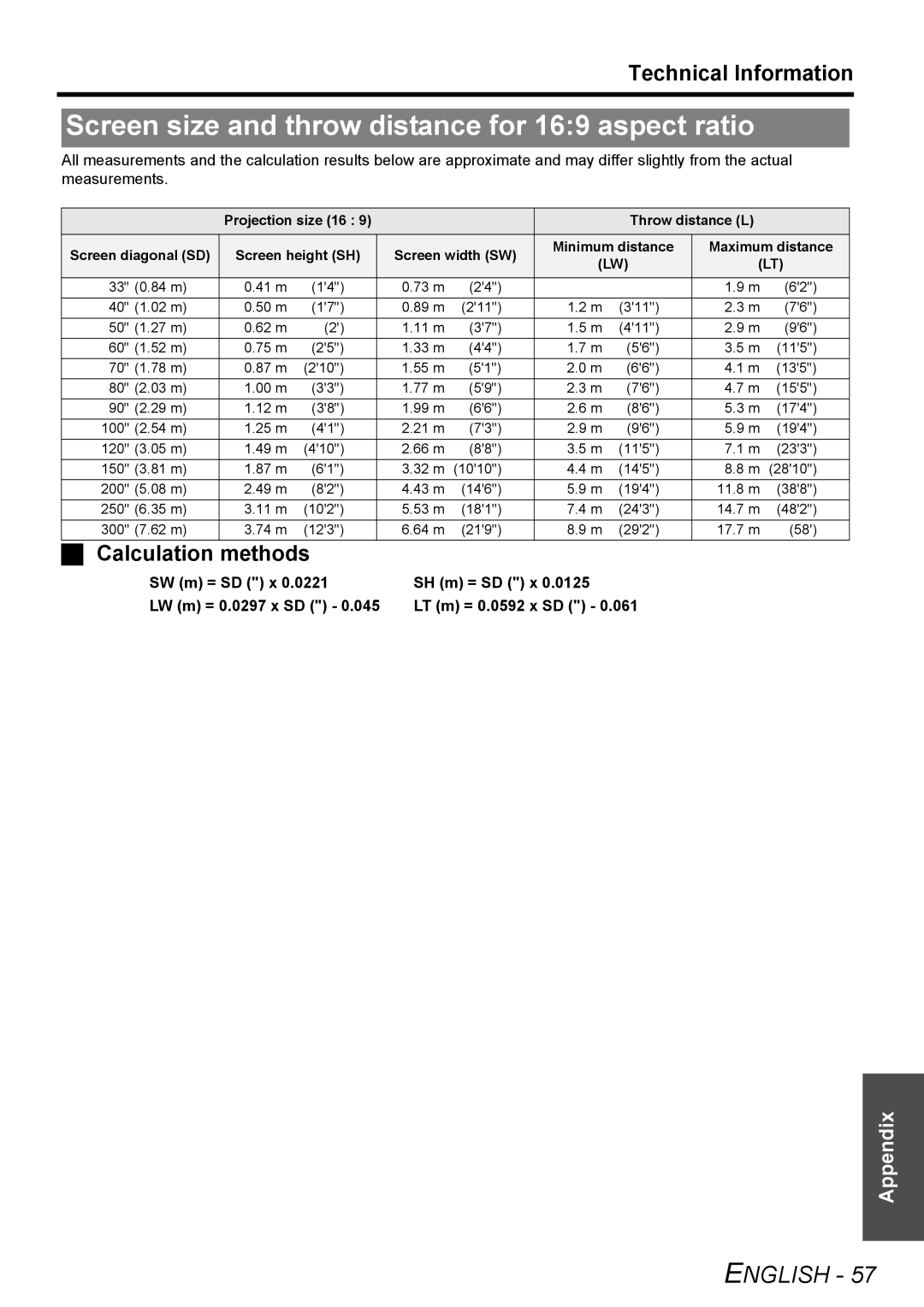 Panasonic PT-F300NTU, PT-F300U manual Screen size and throw distance for 169 aspect ratio, Calculation methods 