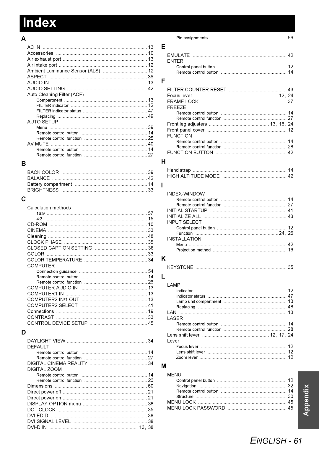 Panasonic PT-F300NTU, PT-F300U manual Index, Digital Cinema Reality Digital Zoom 