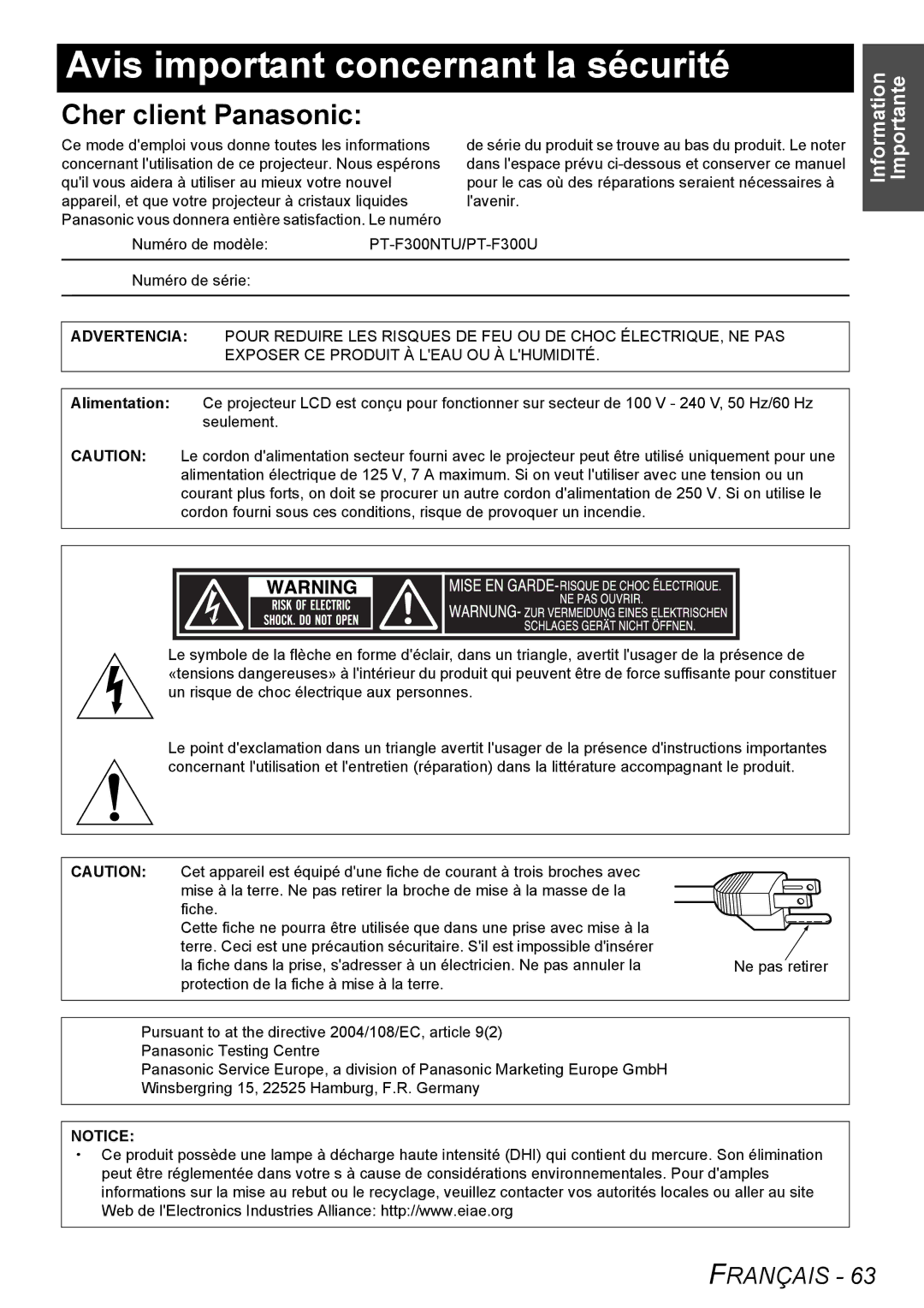 Panasonic manual Avis important concernant la sécurité, Numéro de modèle PT-F300NTU /PT-F300U Numéro de série 