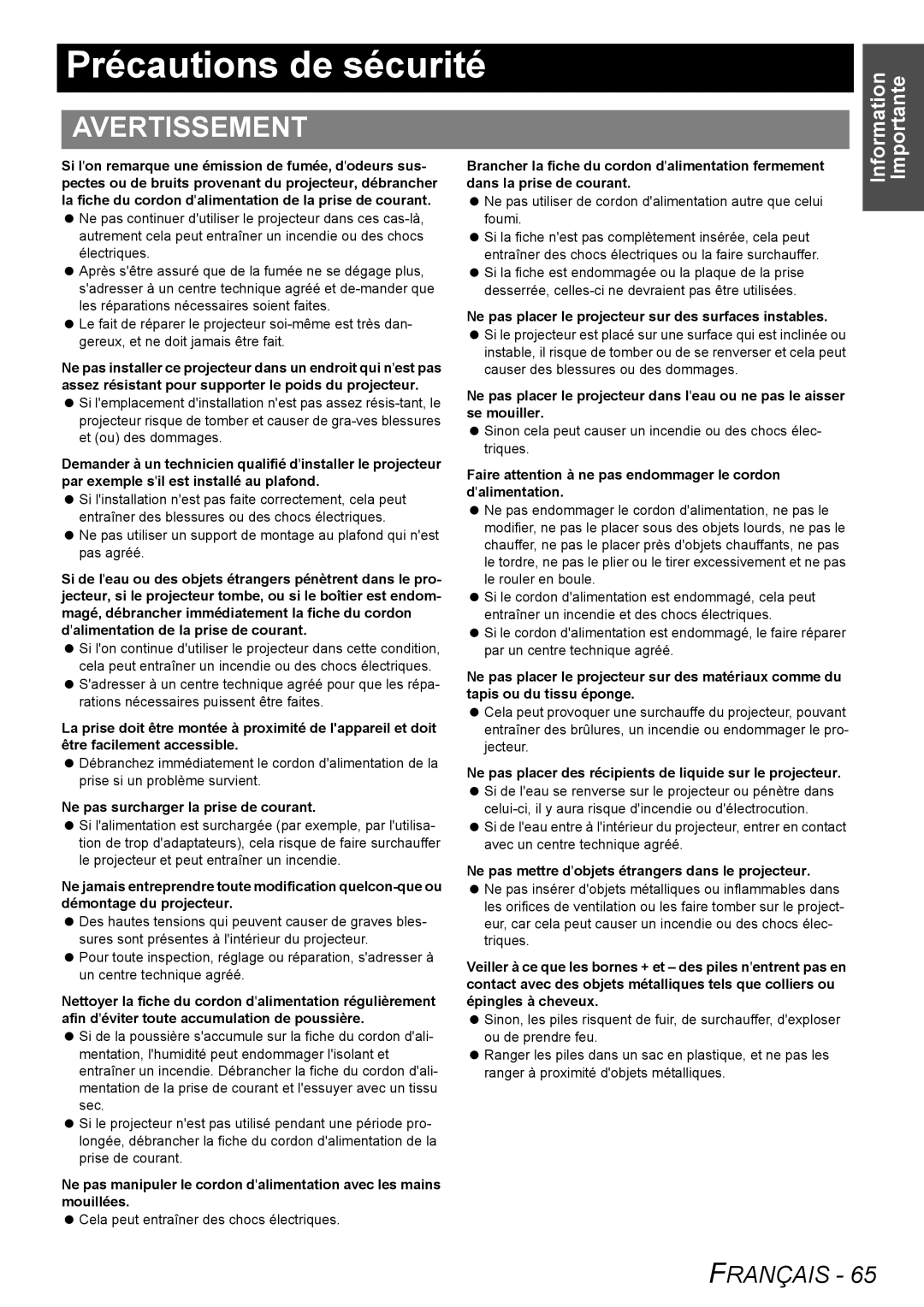 Panasonic PT-F300NTU, PT-F300U manual Précautions de sécurité, Avertissement 