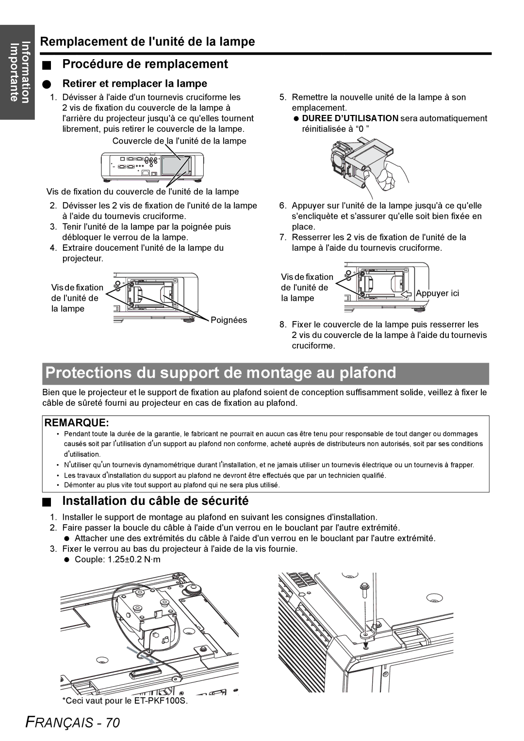 Panasonic PT-F300U, PT-F300NTU manual Protections du support de montage au plafond, Installation du câble de sécurité 