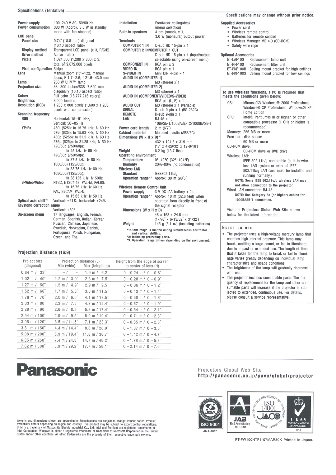 Panasonic PT-FW100NT manual 