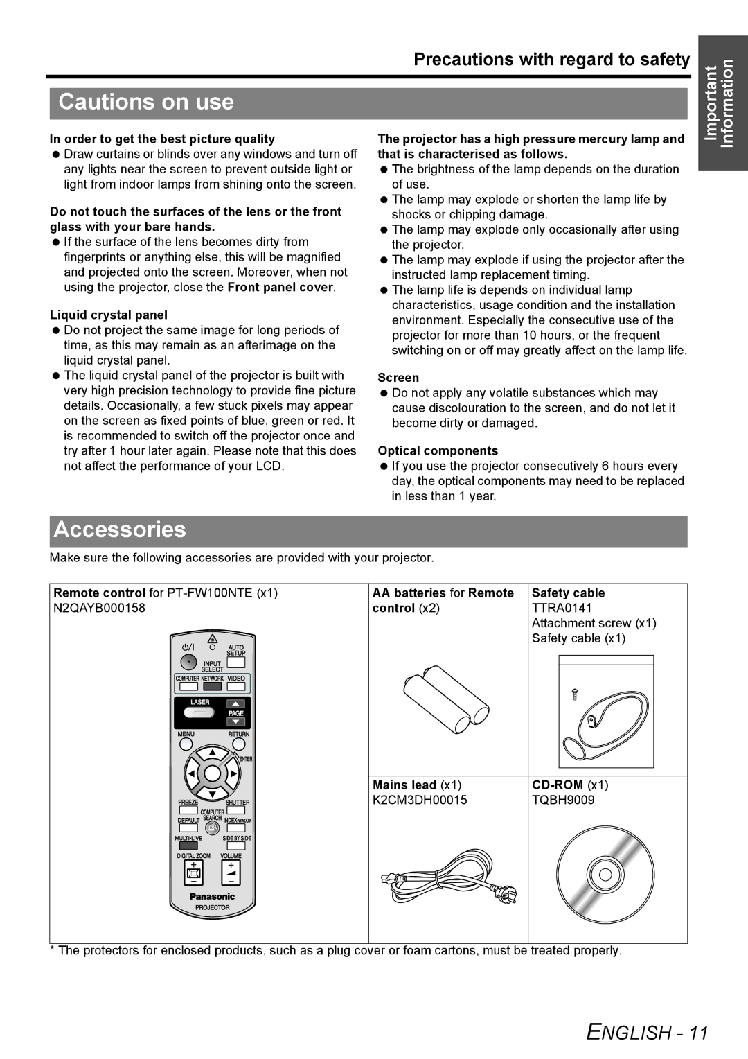 Panasonic PT-FW100NTE manual Accessories 