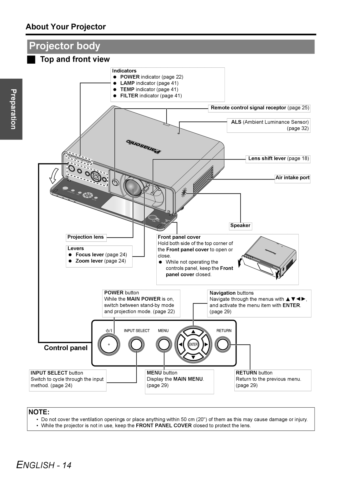 Panasonic PT-FW100NTE manual Projector body, About Your Projector, Top and front view, Control panel 