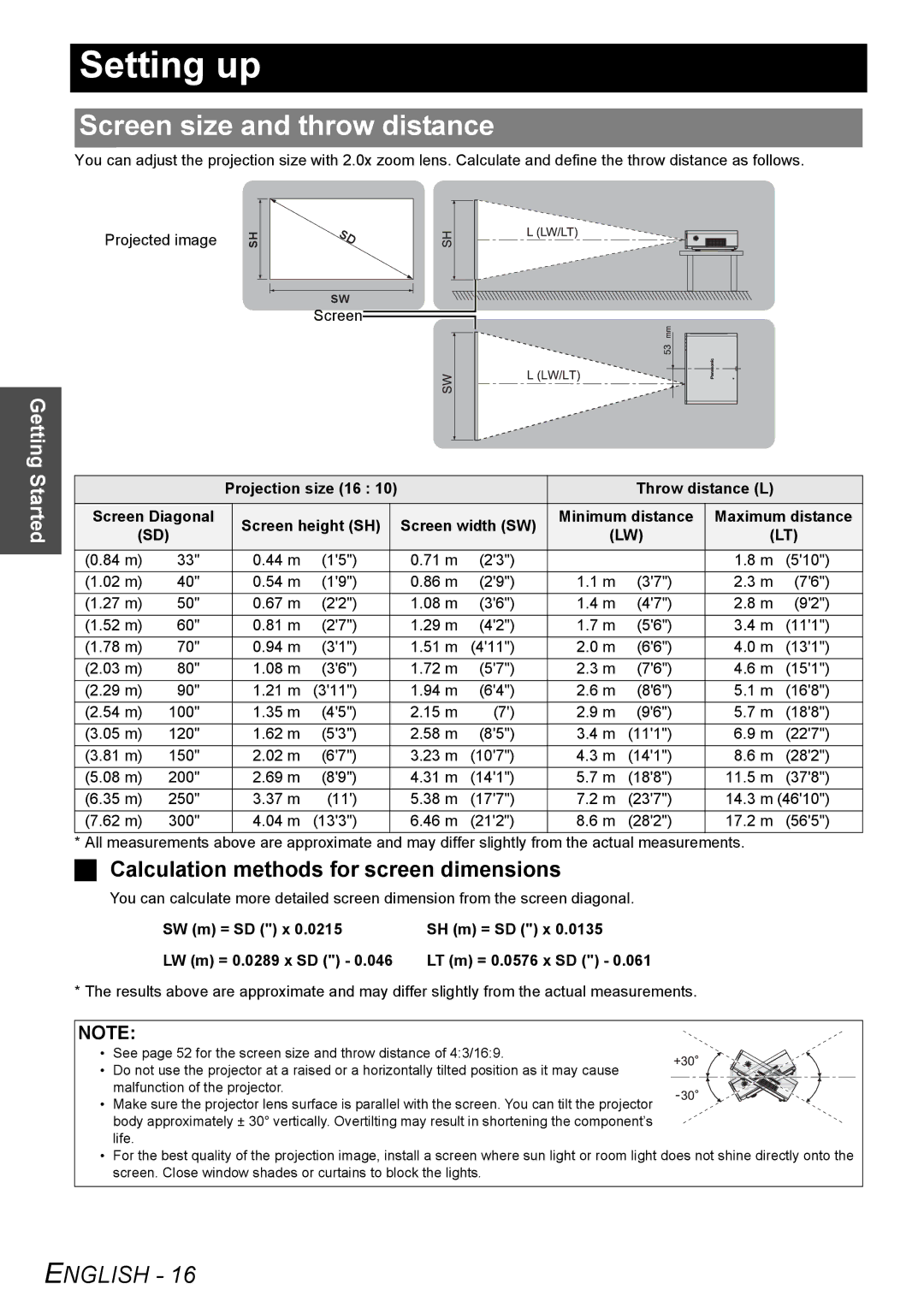 Panasonic PT-FW100NTE manual Setting up, Screen size and throw distance, Calculation methods for screen dimensions 