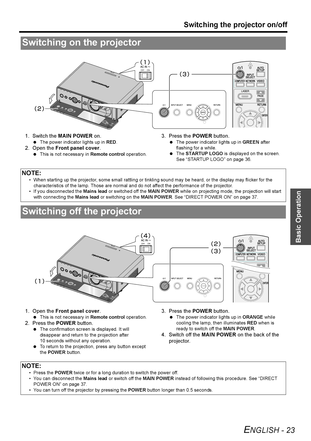 Panasonic PT-FW100NTE manual Switching on the projector, Switching off the projector, Switching the projector on/off 