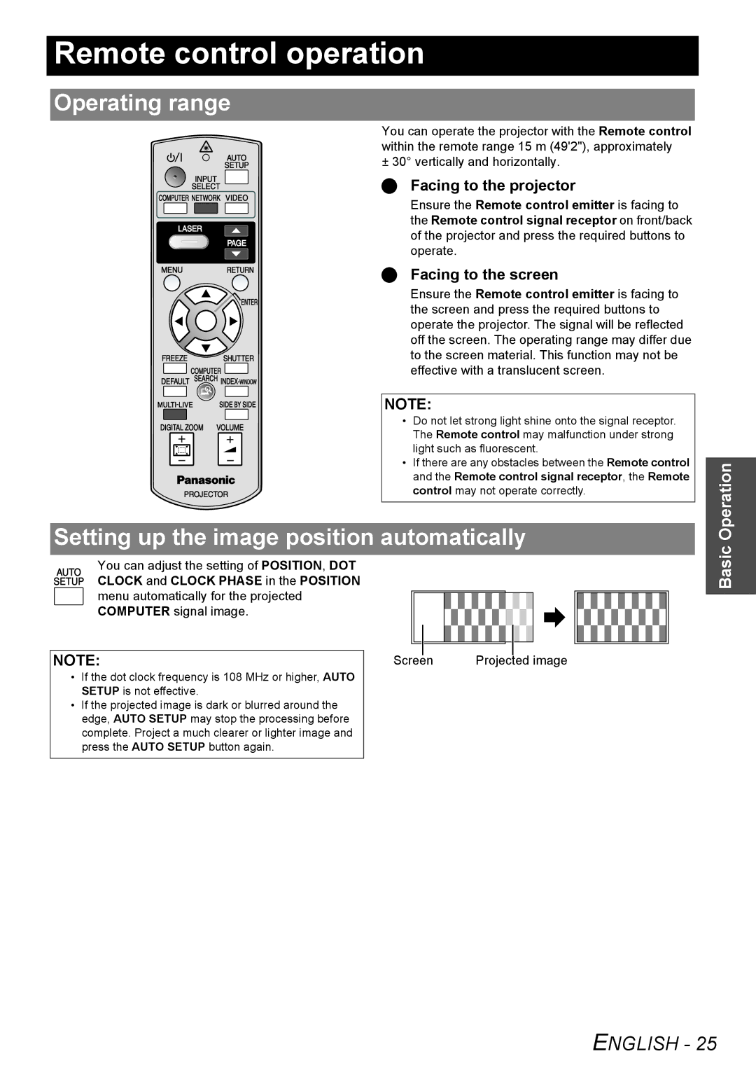 Panasonic PT-FW100NTE manual Remote control operation, Operating range, Setting up the image position automatically 