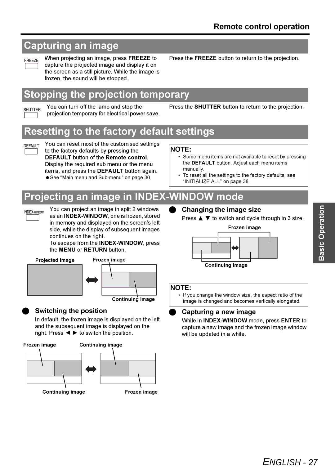 Panasonic PT-FW100NTE Capturing an image, Stopping the projection temporary, Resetting to the factory default settings 