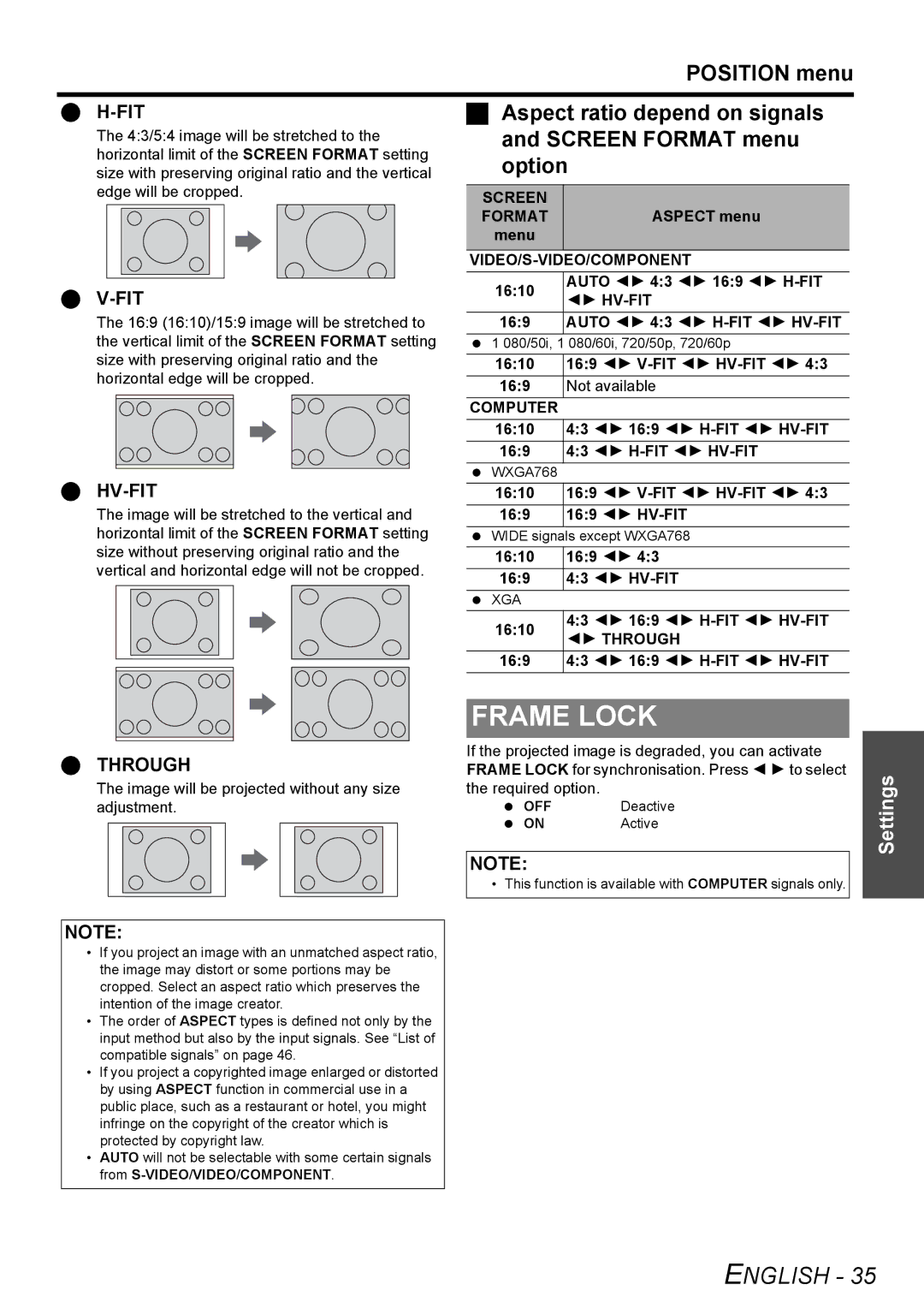 Panasonic PT-FW100NTE manual Frame Lock, Aspect ratio depend on signals, Screen Format menu, Option 