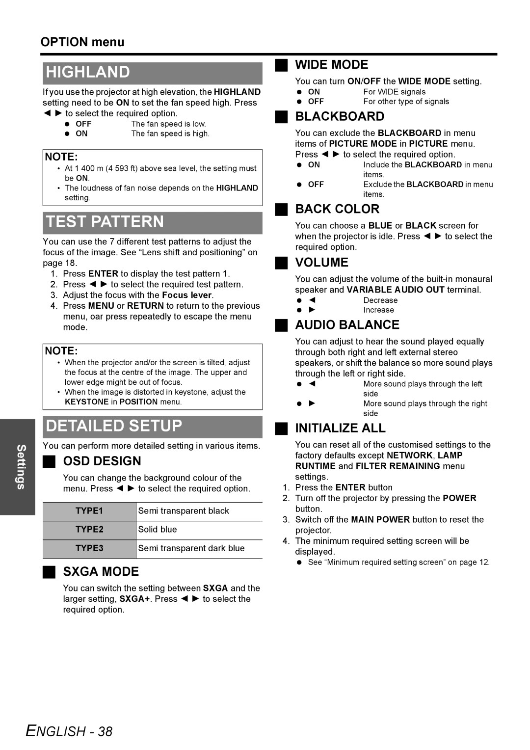 Panasonic PT-FW100NTE manual Highland, Test Pattern, Semi transparent black, Solid blue, Semi transparent dark blue 