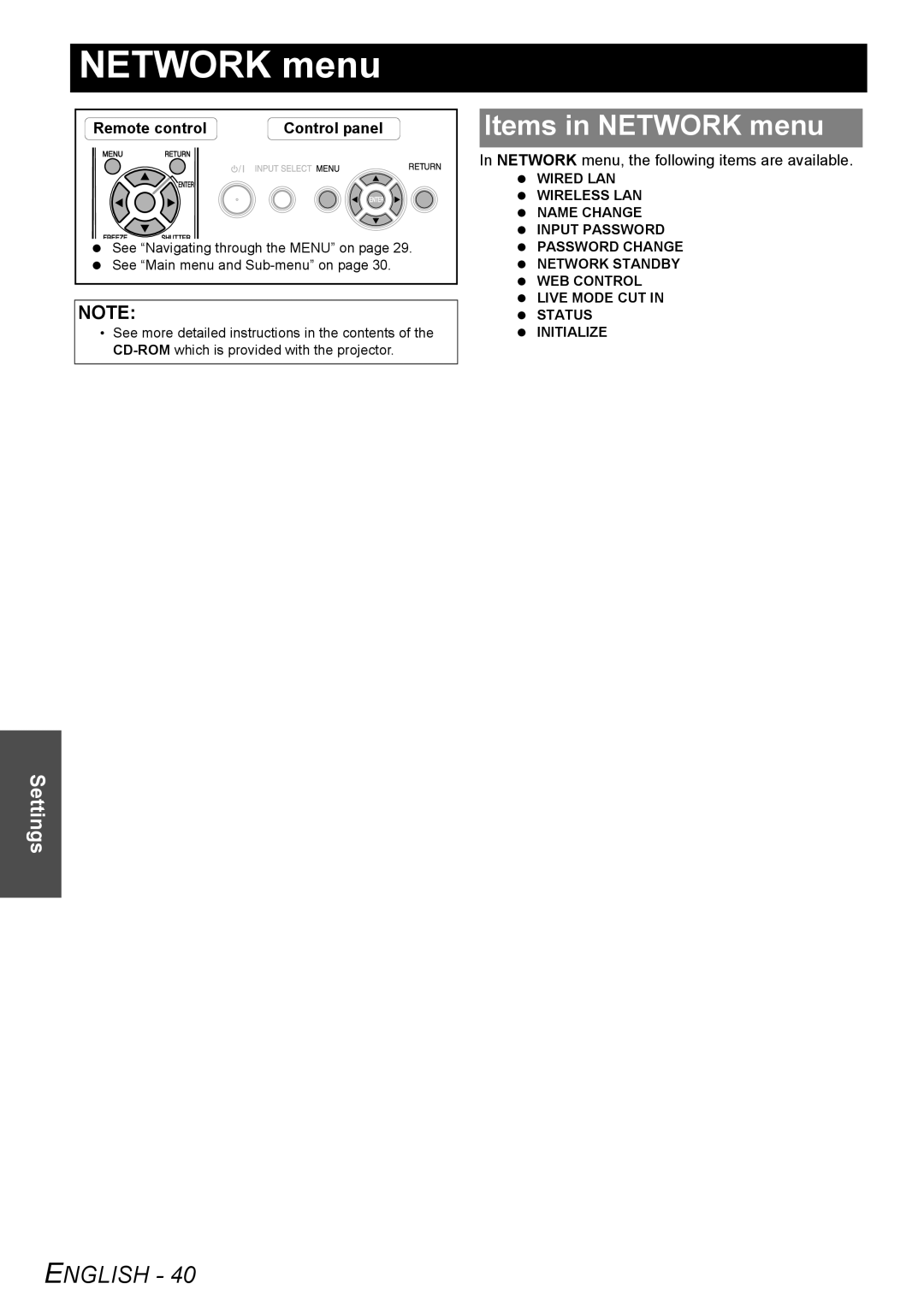 Panasonic PT-FW100NTE manual Items in Network menu, Network menu, the following items are available 