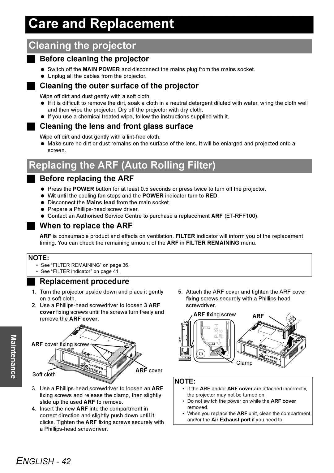 Panasonic PT-FW100NTE manual Care and Replacement, Cleaning the projector, Replacing the ARF Auto Rolling Filter 