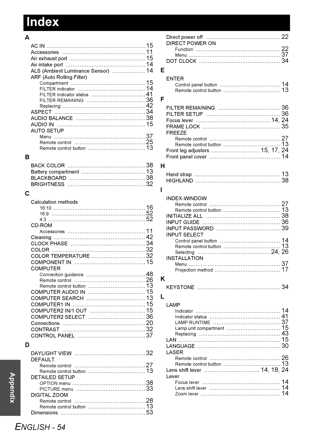 Panasonic PT-FW100NTE manual Index, ALS Ambient Luminance Sensor ARF Auto Rolling Filter, Calculation methods, Lever 