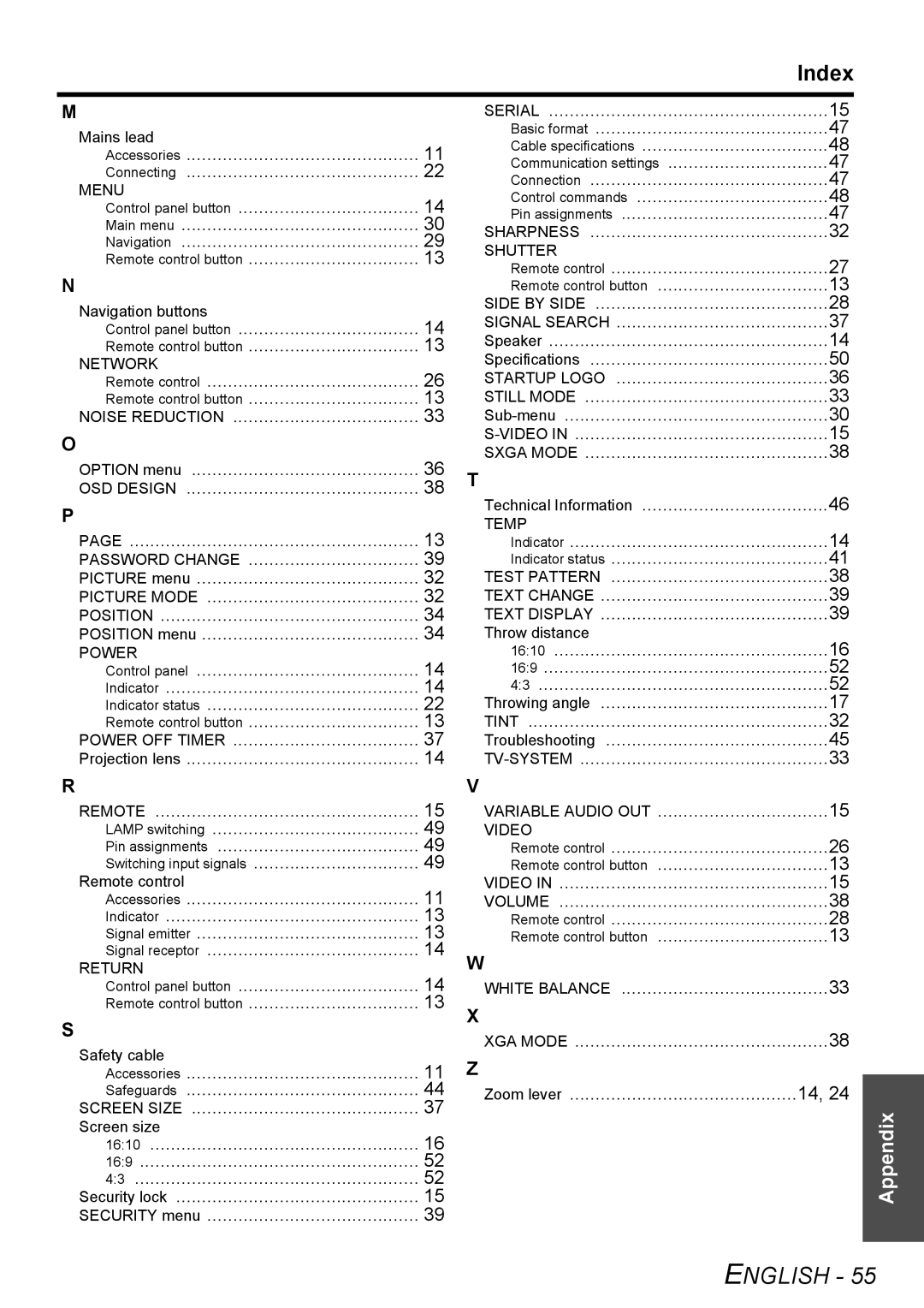 Panasonic PT-FW100NTE manual Index 