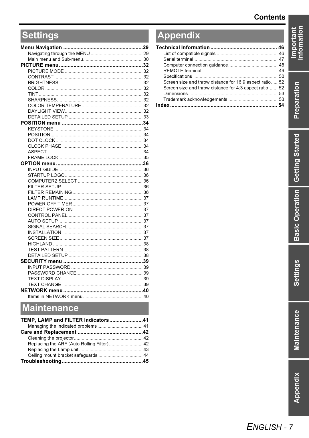 Panasonic PT-FW100NTE manual Settings, Appendix, Maintenance, Contents 