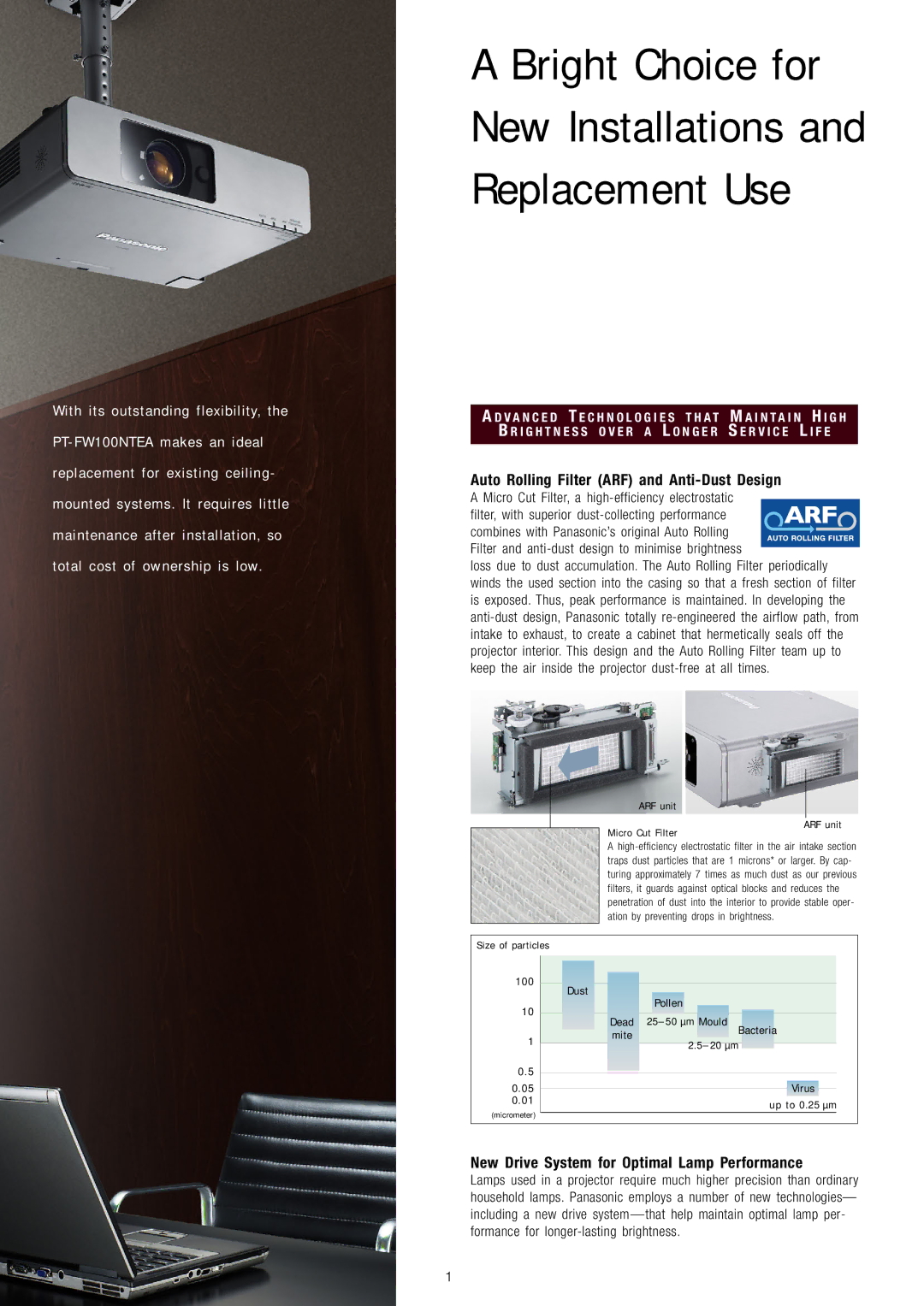 Panasonic PT-FW100NTEA New Drive System for Optimal Lamp Performance, Filter and anti-dust design to minimise brightness 