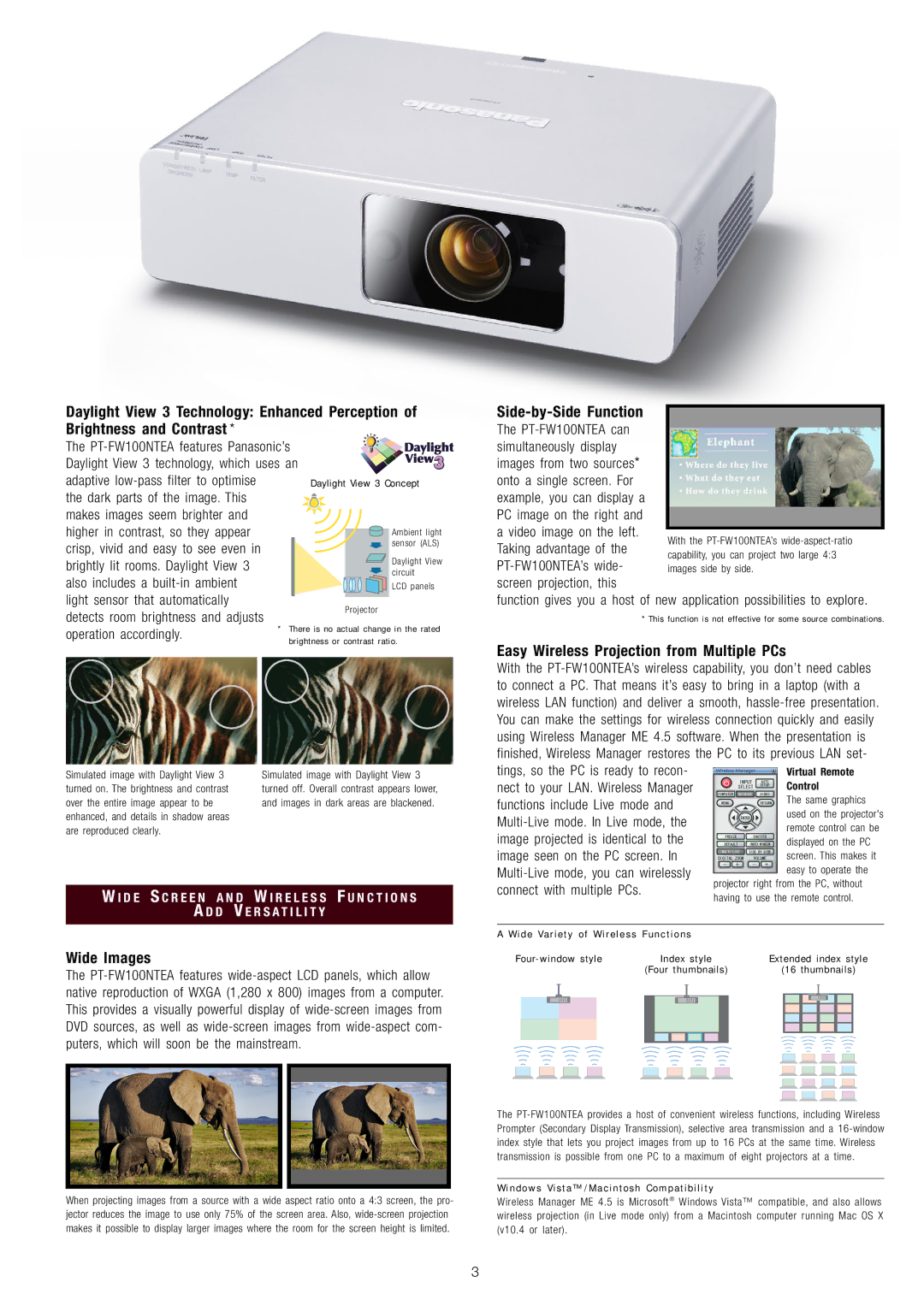 Panasonic PT-FW100NTEA manual Wide Images, Easy Wireless Projection from Multiple PCs 