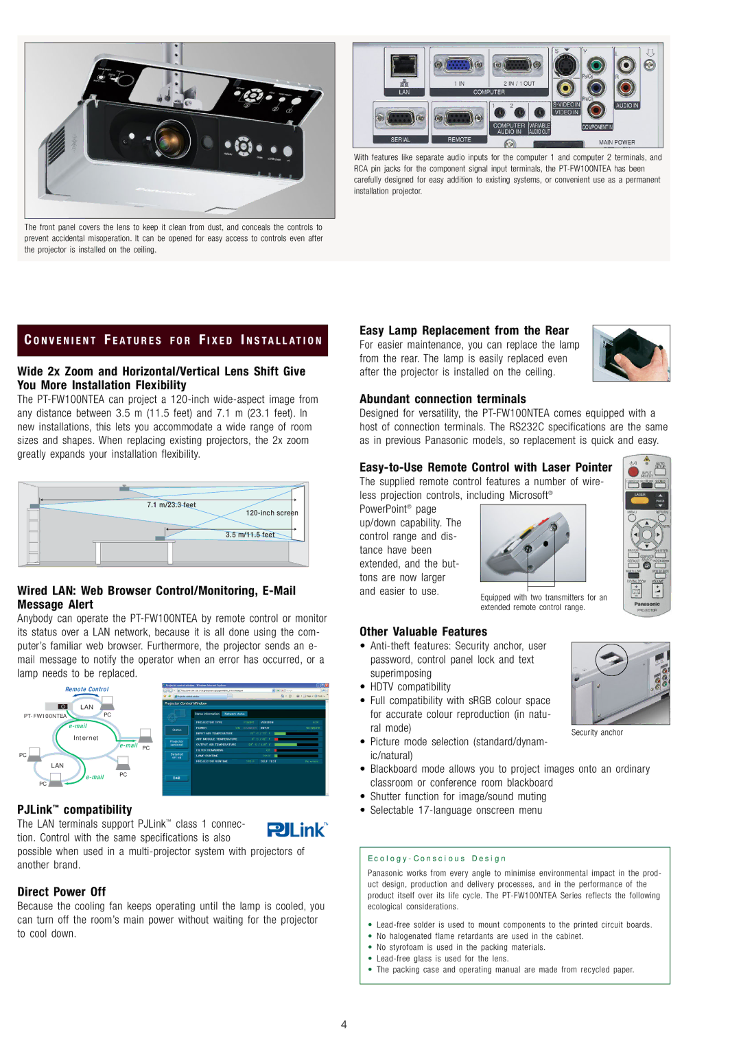 Panasonic PT-FW100NTEA manual PJLink compatibility, Direct Power Off, Easy Lamp Replacement from the Rear 