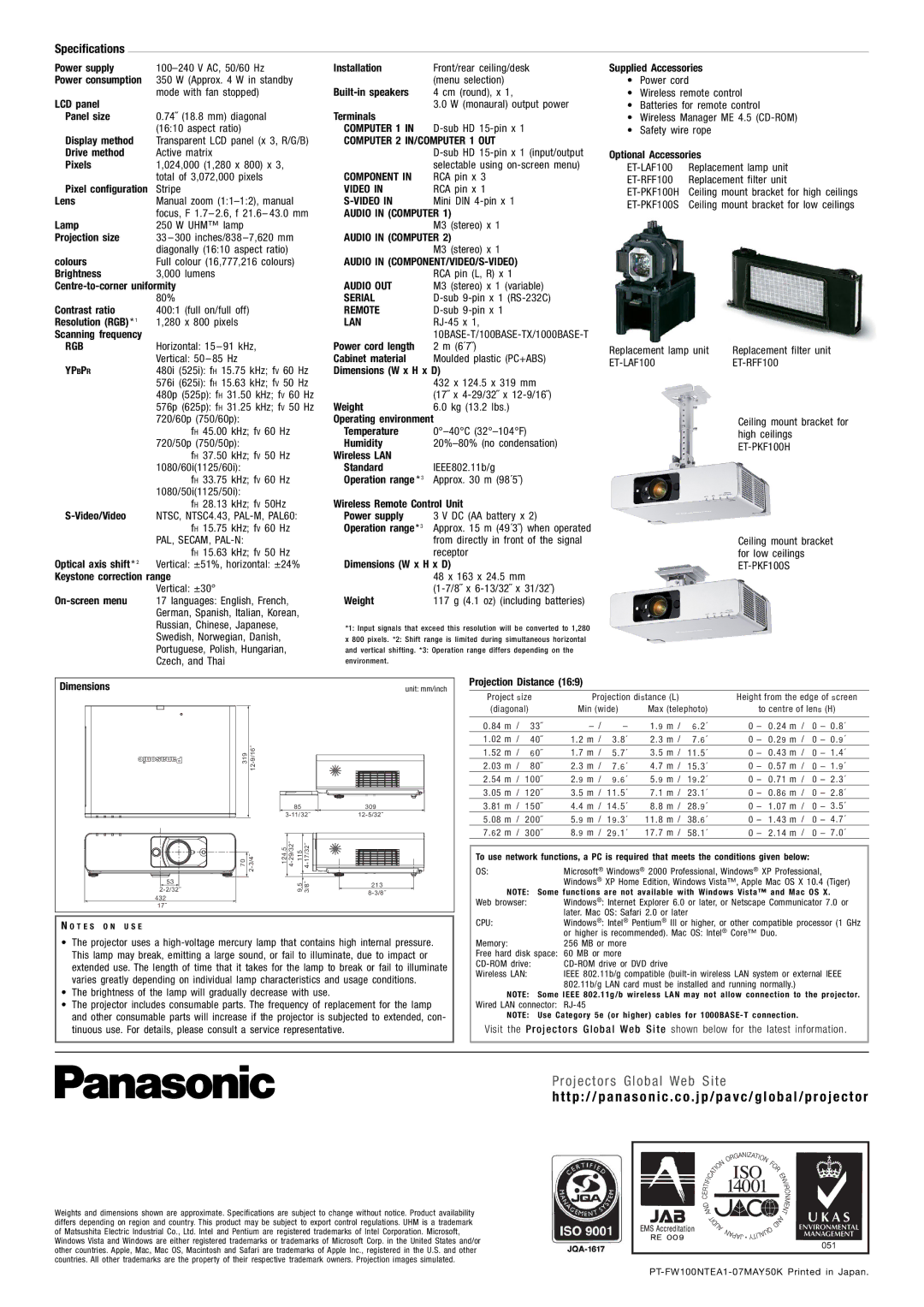 Panasonic PT-FW100NTEA AC, 50/60 Hz, Approx W in standby, Mode with fan stopped, 74˝ 18.8 mm diagonal, Aspect ratio, 80% 