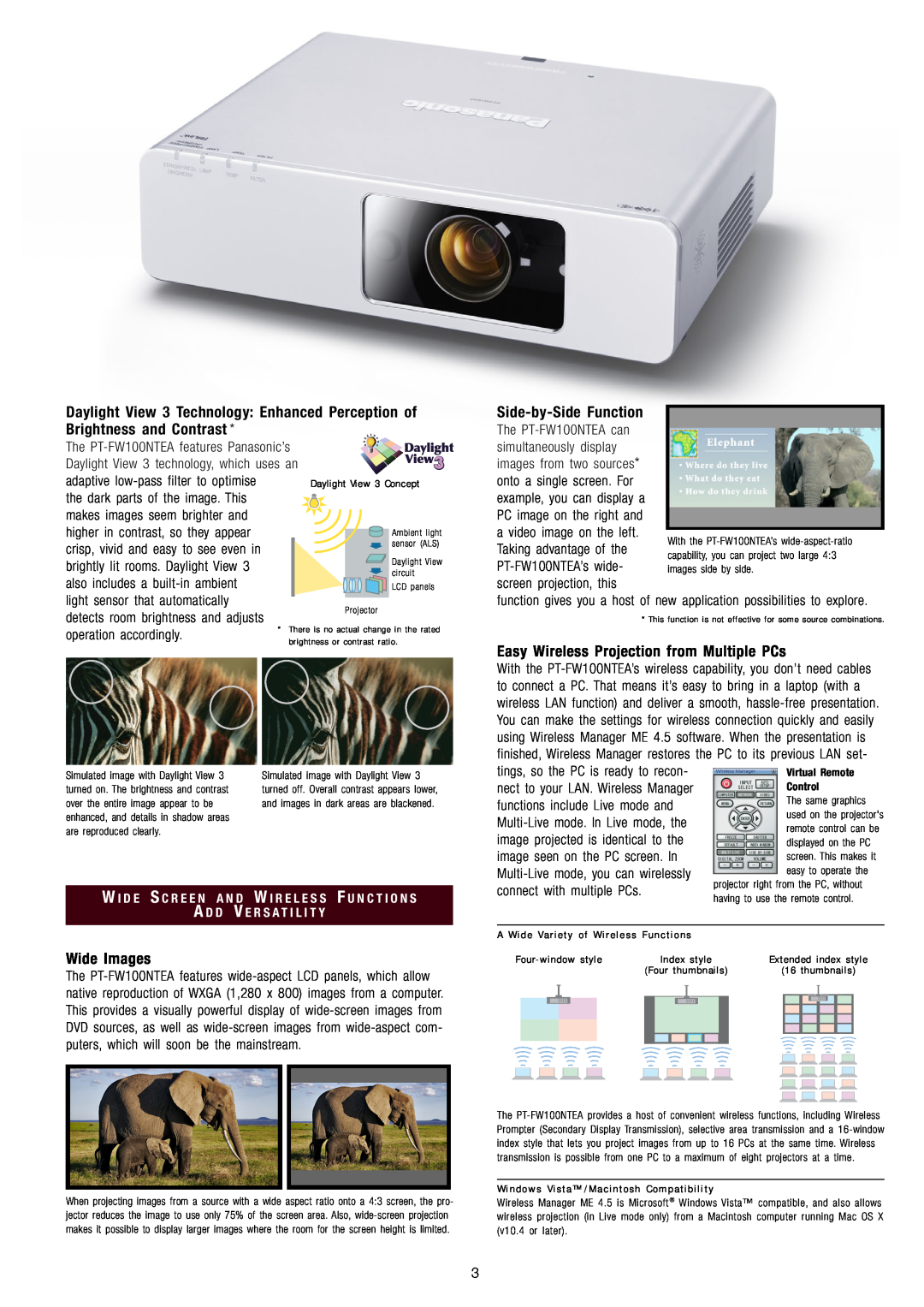 Panasonic PT-FW100NTEA manual Wide Images, Easy Wireless Projection from Multiple PCs 