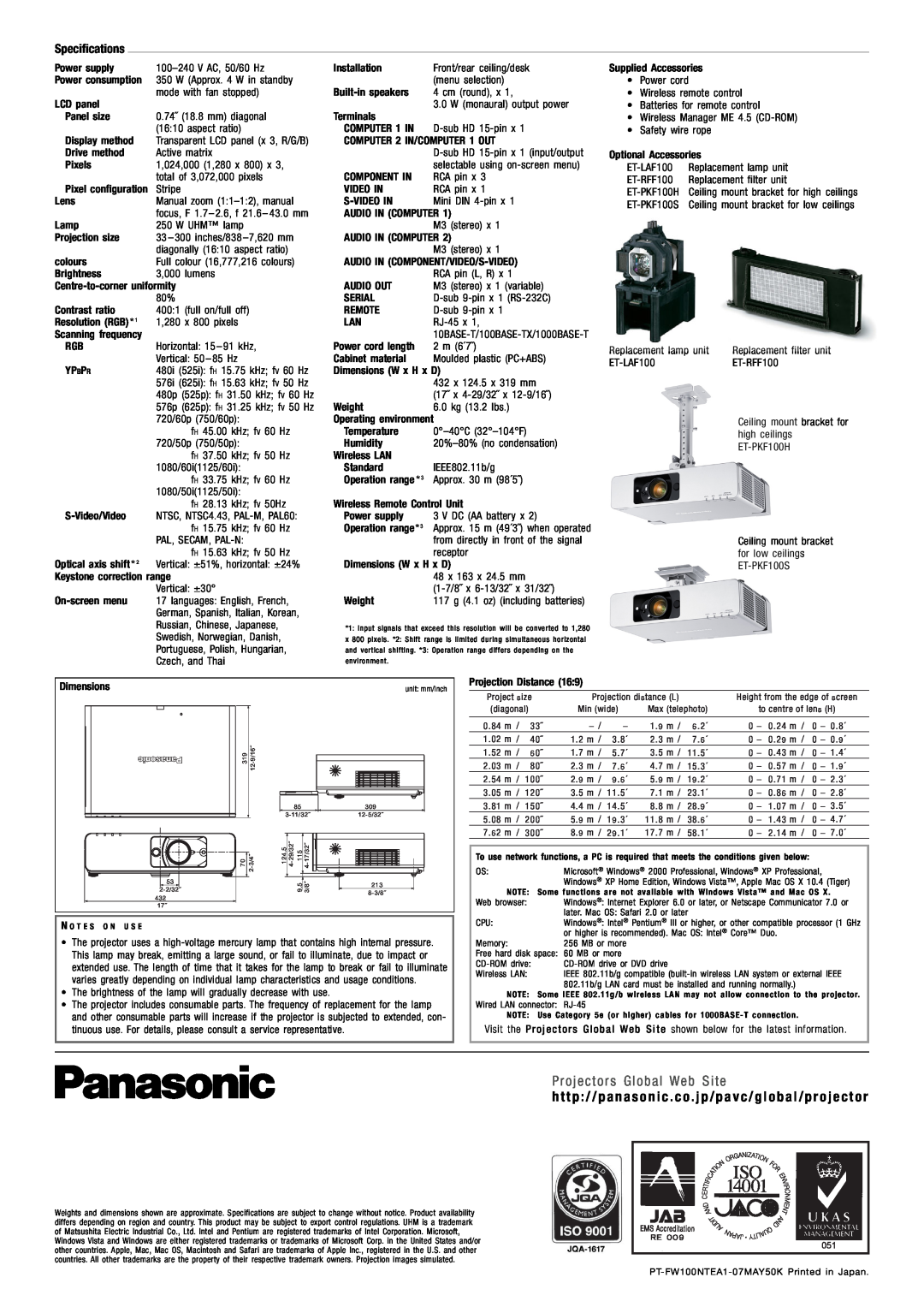 Panasonic PT-FW100NTEA manual Projectors Global Web Site, Dimensions 