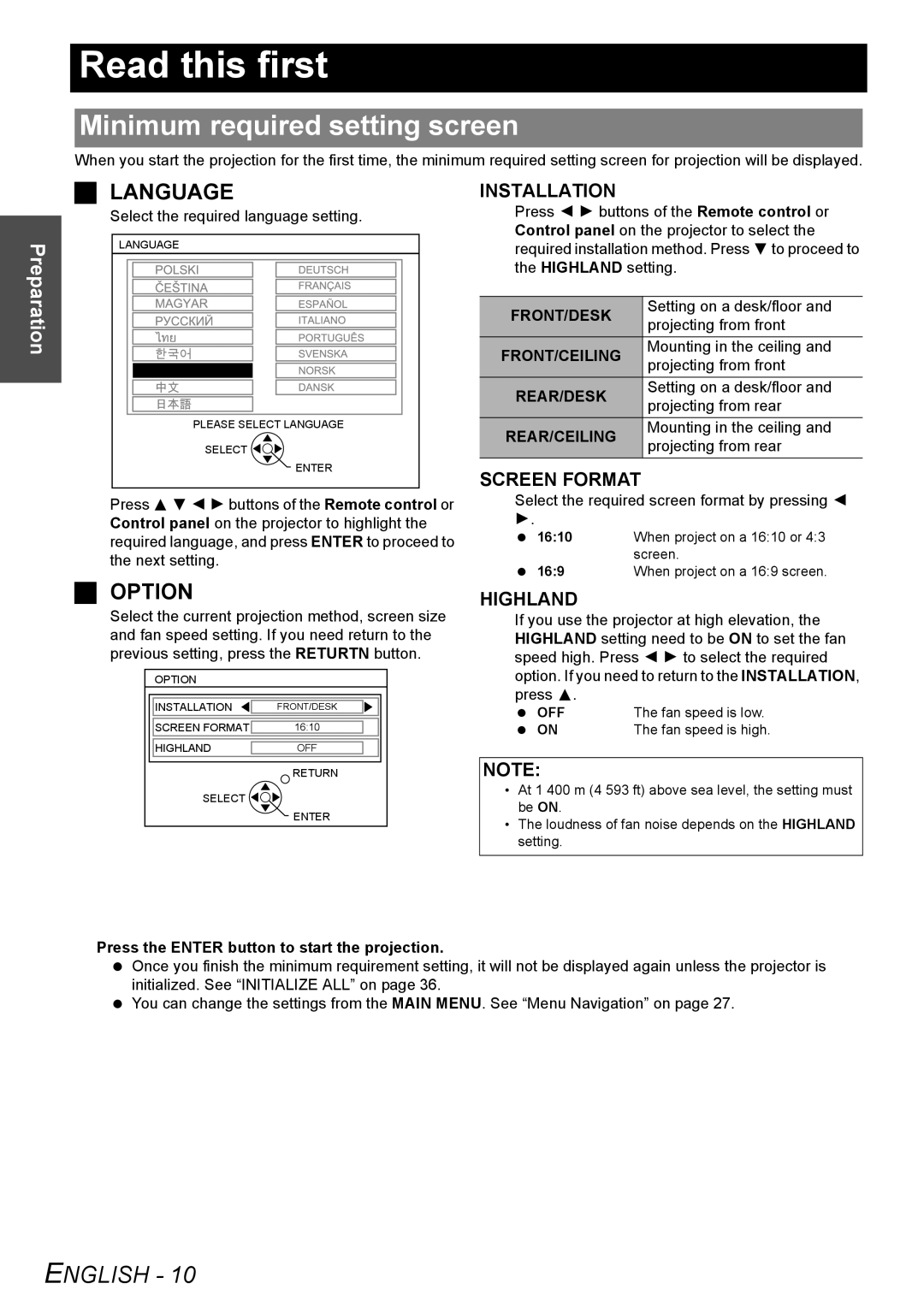 Panasonic PT-FW100NTU manual Read this first, Minimum required setting screen, Preparation 