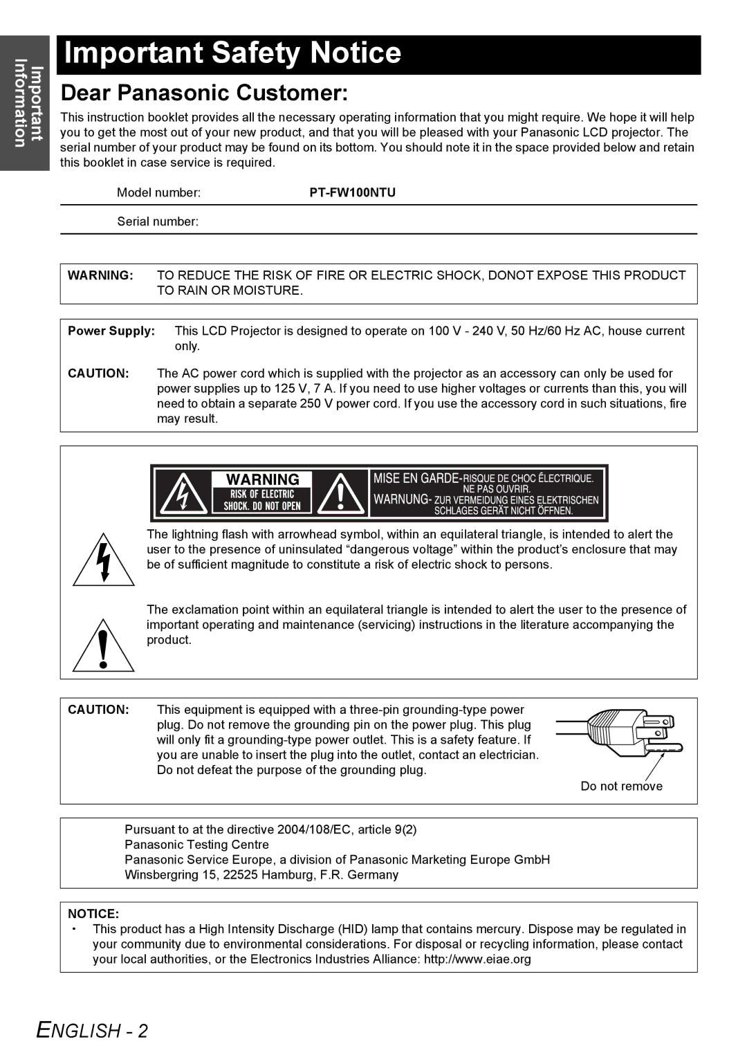 Panasonic PT-FW100NTU manual Important Safety Notice, Important Information 