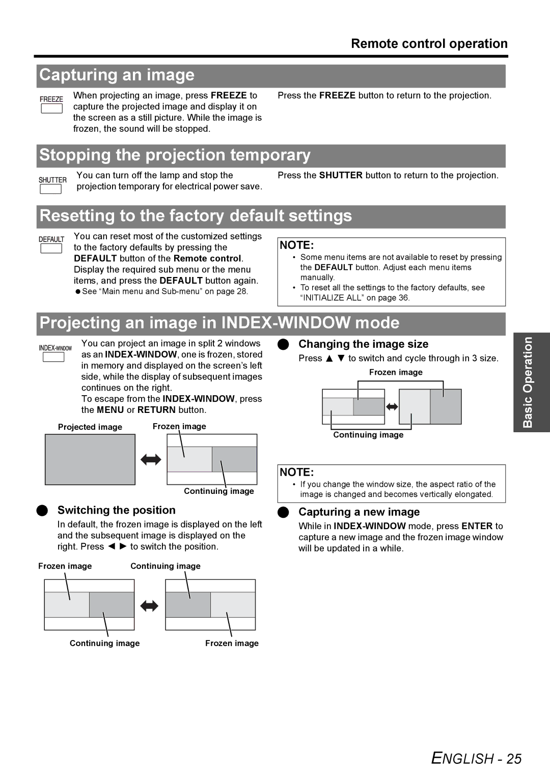 Panasonic PT-FW100NTU Capturing an image, Stopping the projection temporary, Resetting to the factory default settings 