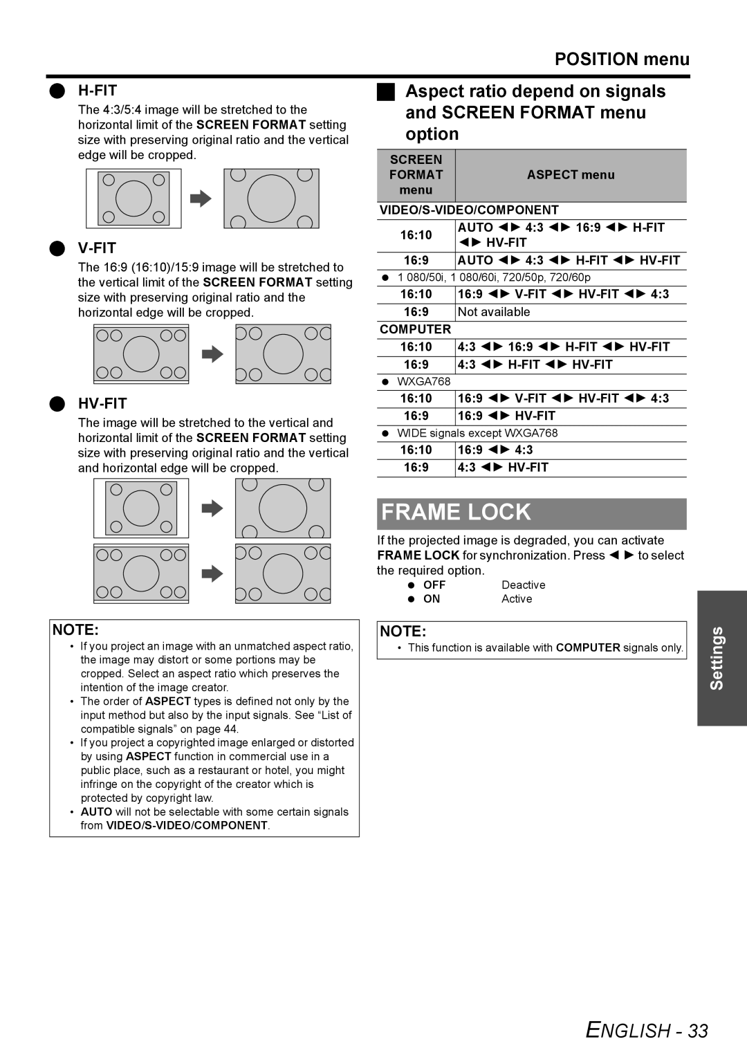 Panasonic PT-FW100NTU manual Frame Lock, Aspect ratio depend on signals, Screen Format menu, Option 