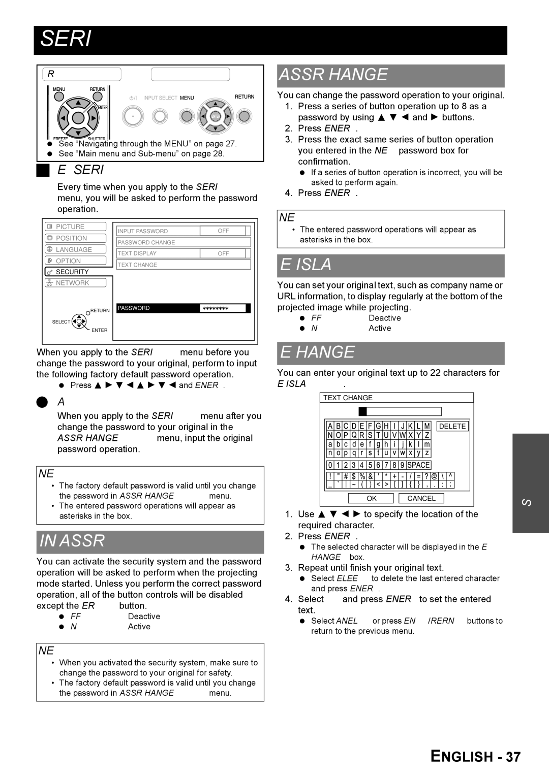 Panasonic PT-FW100NTU manual Security menu, Input Password, Password Change, Text Display, Text Change 