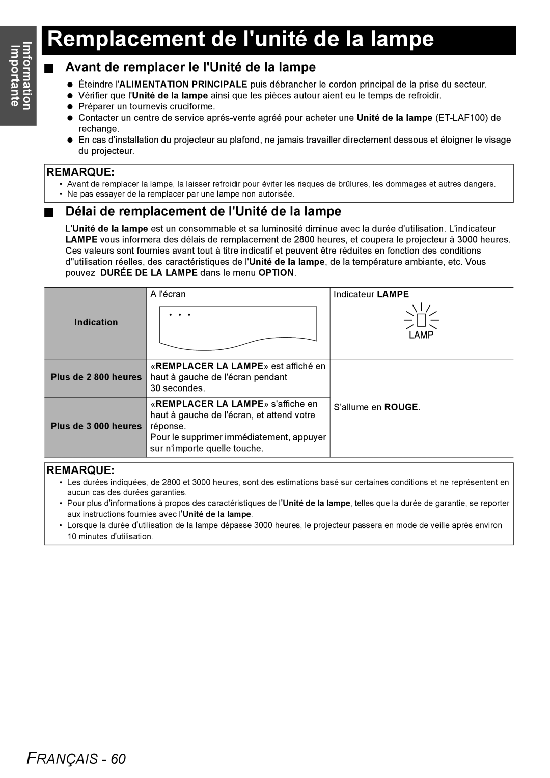 Panasonic PT-FW100NTU manual Remplacement de lunité de la lampe, Avant de remplacer le lUnité de la lampe 