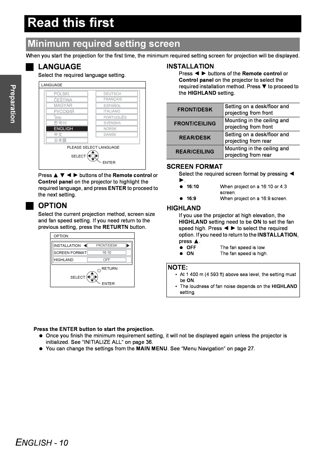 Panasonic PT-FW100NTU manual Read this first, Minimum required setting screen, Language, Option, Preparation, Installation 