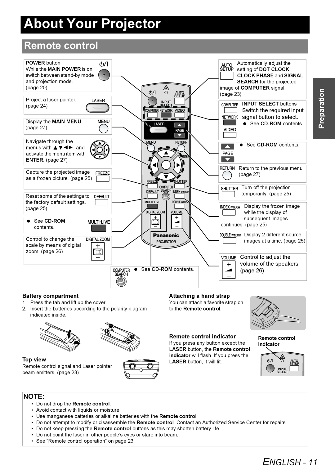 Panasonic PT-FW100NTU manual About Your Projector, Remote control, English, Preparation 
