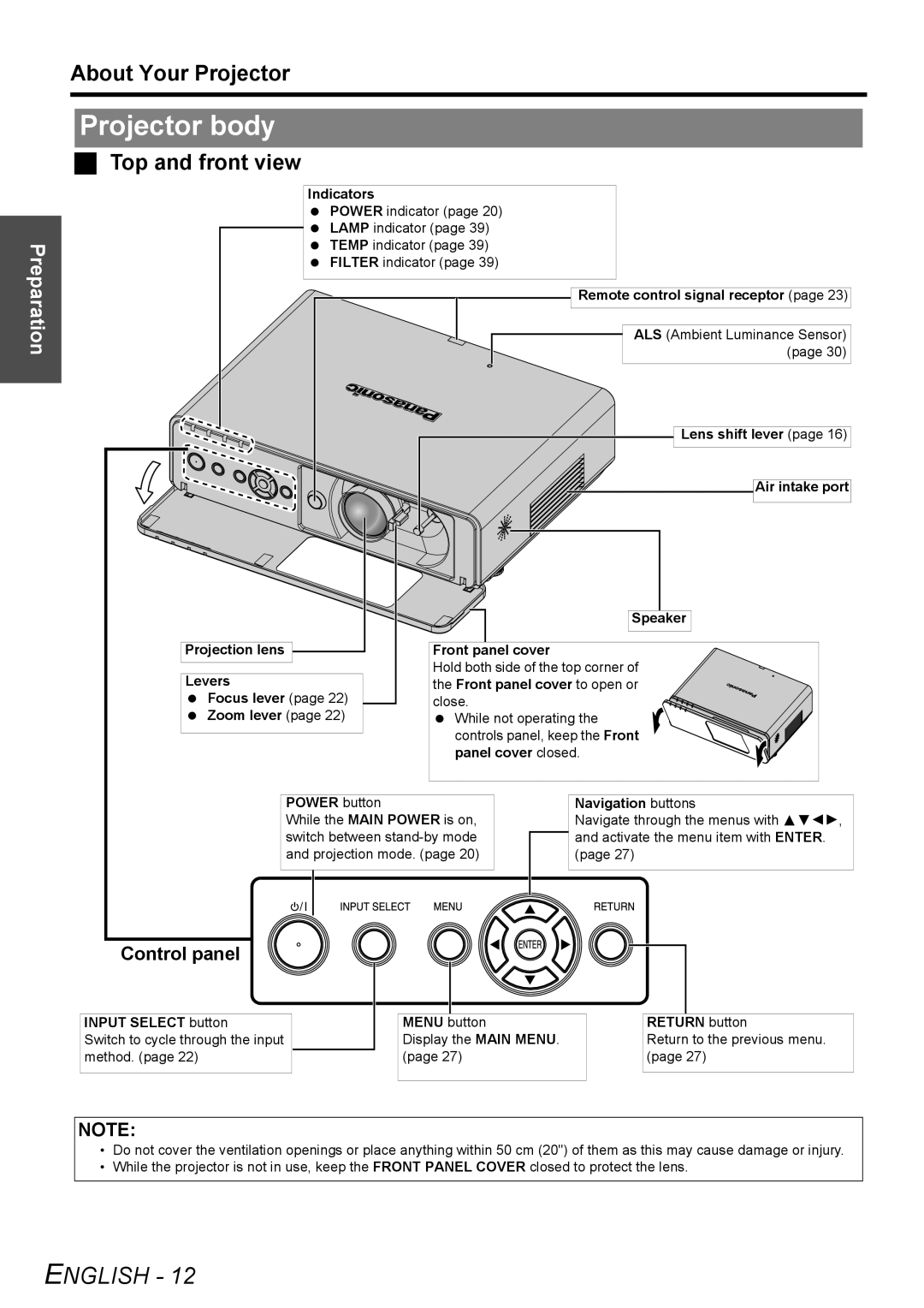 Panasonic PT-FW100NTU manual Projector body, About Your Projector, Top and front view, Control panel, English, Preparation 