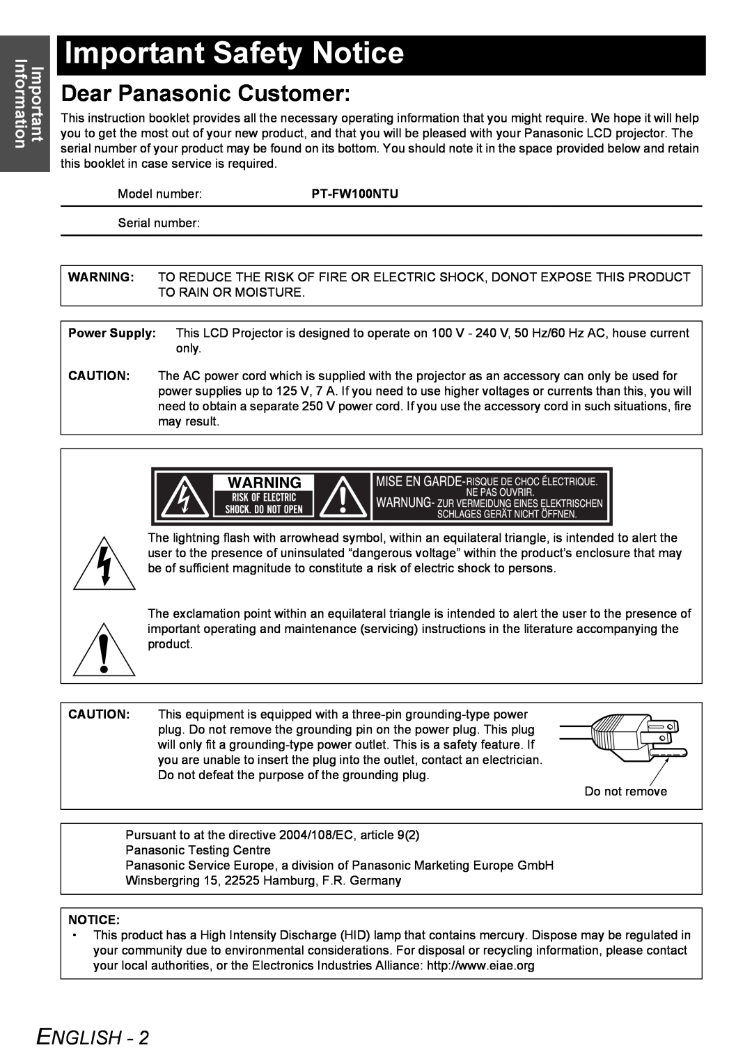 Panasonic PT-FW100NTU manual Important Safety Notice, Dear Panasonic Customer, English, Important Information 