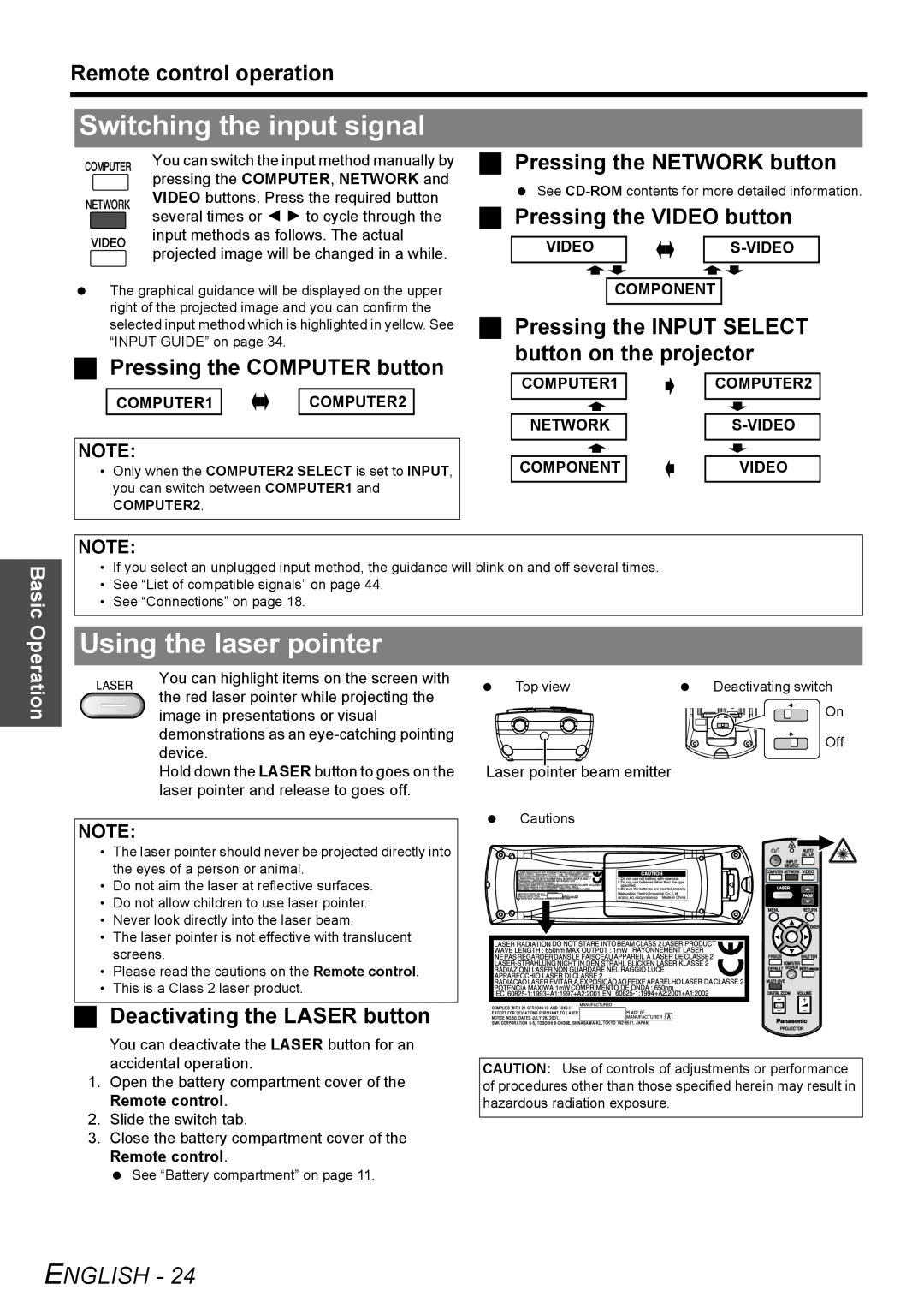 Panasonic PT-FW100NTU manual Switching the input signal, Using the laser pointer, Remote control operation, Basic, English 