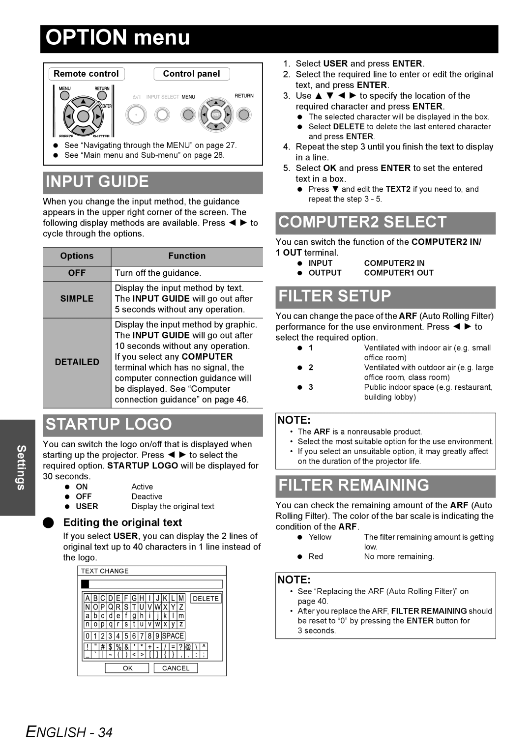 Panasonic PT-FW100NTU OPTION menu, Input Guide, COMPUTER2 SELECT, Filter Setup, Startup Logo, Filter Remaining, English 