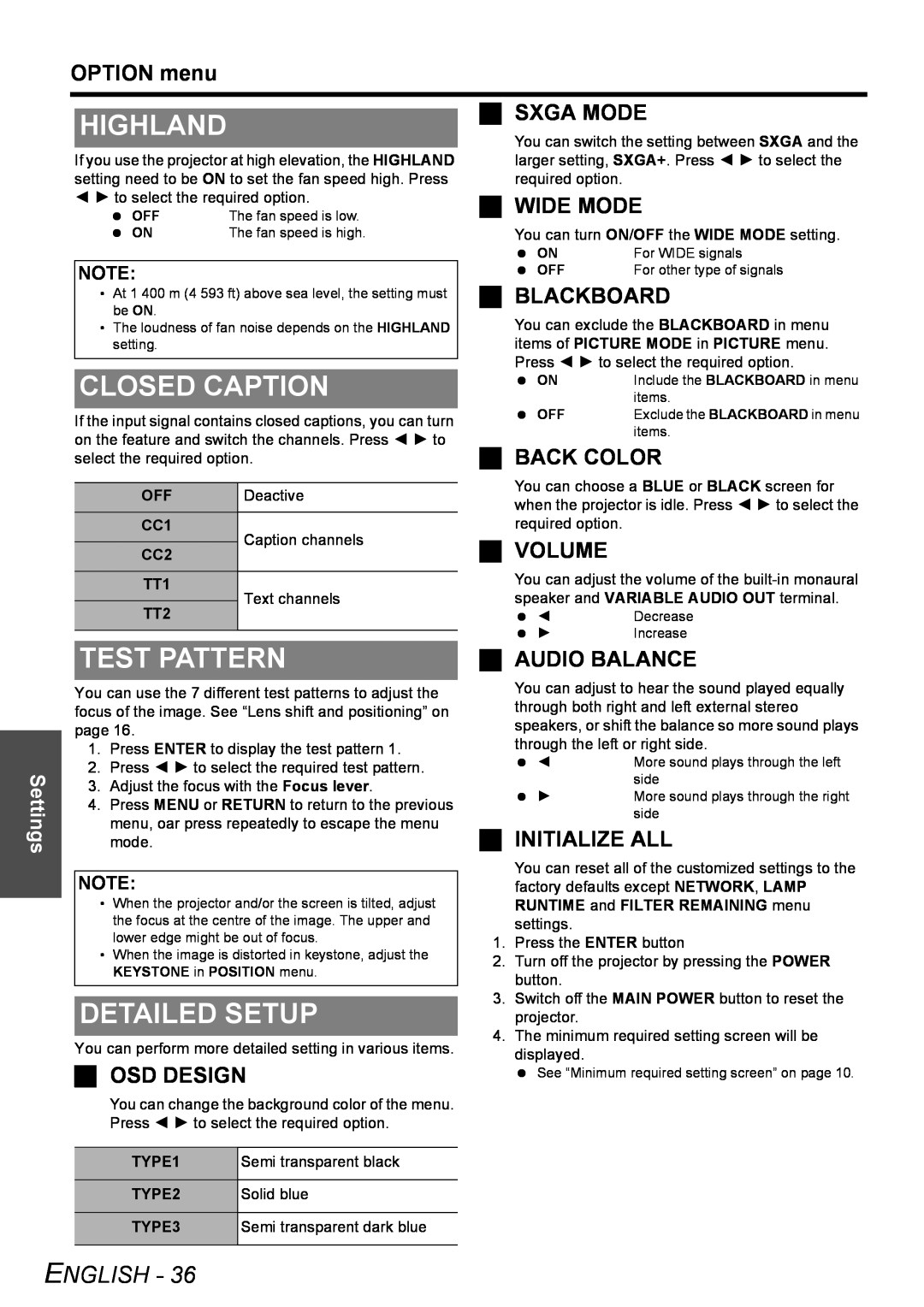 Panasonic PT-FW100NTU manual Highland, Closed Caption, Test Pattern, Sxga Mode, Wide Mode, Blackboard, Back Color, Volume 